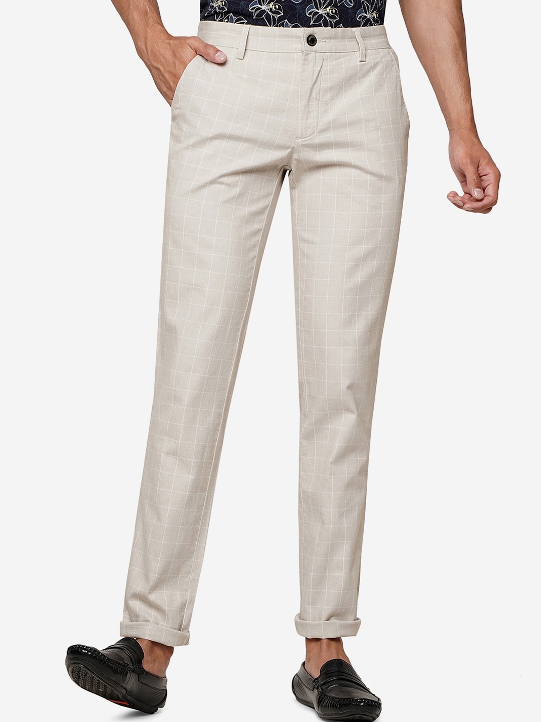 

JADE BLUE Men Mid Rise Slim Fit Pure Cotton Trousers, Cream
