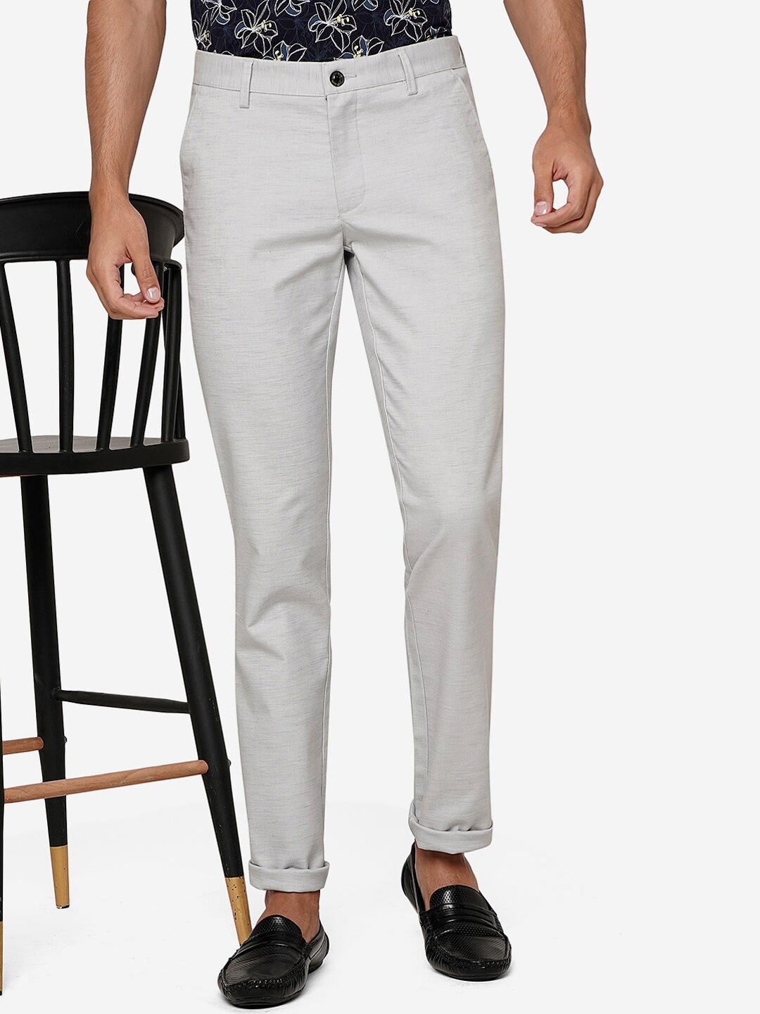 

JADE BLUE Men Mid Rise Slim Fit Pure Cotton Trousers, Grey