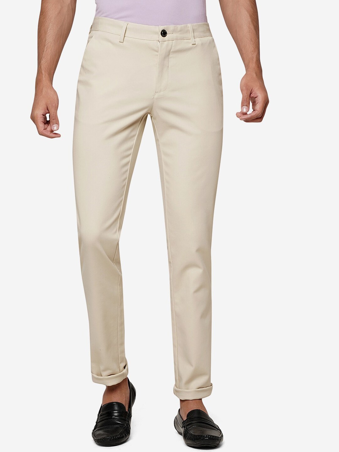 

JADE BLUE Men Slim Fit Mid-Rise Pure Cotton Trousers, Cream