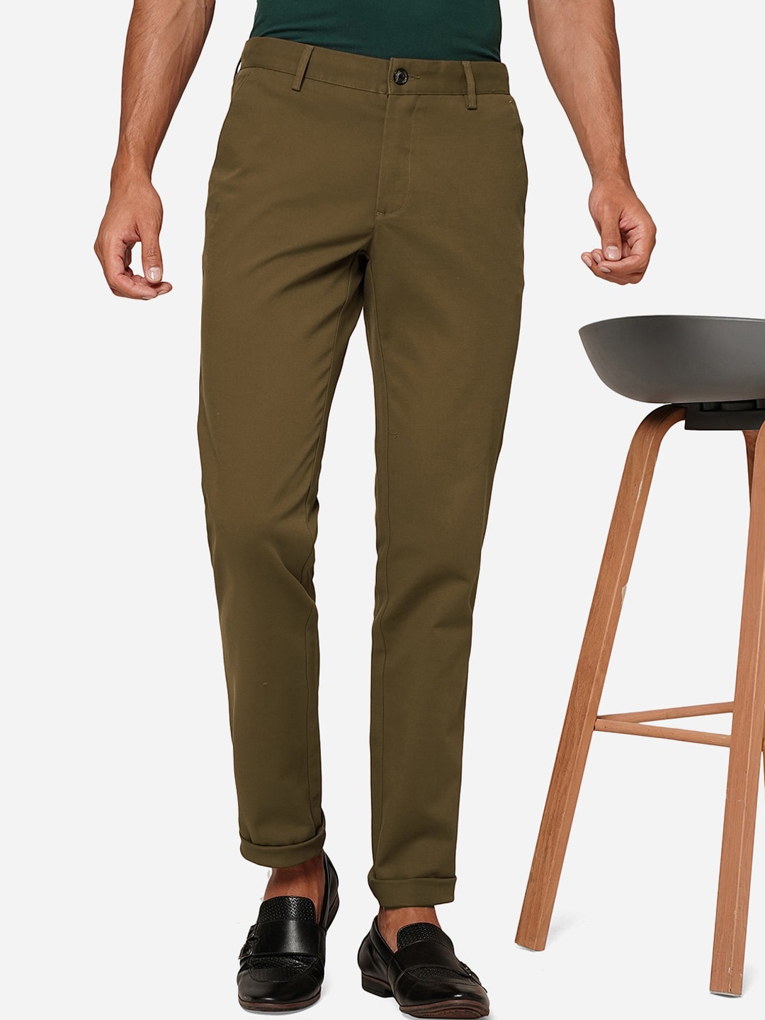 

JADE BLUE Men Slim Fit Mid-Rise Pure Cotton Trousers, Brown