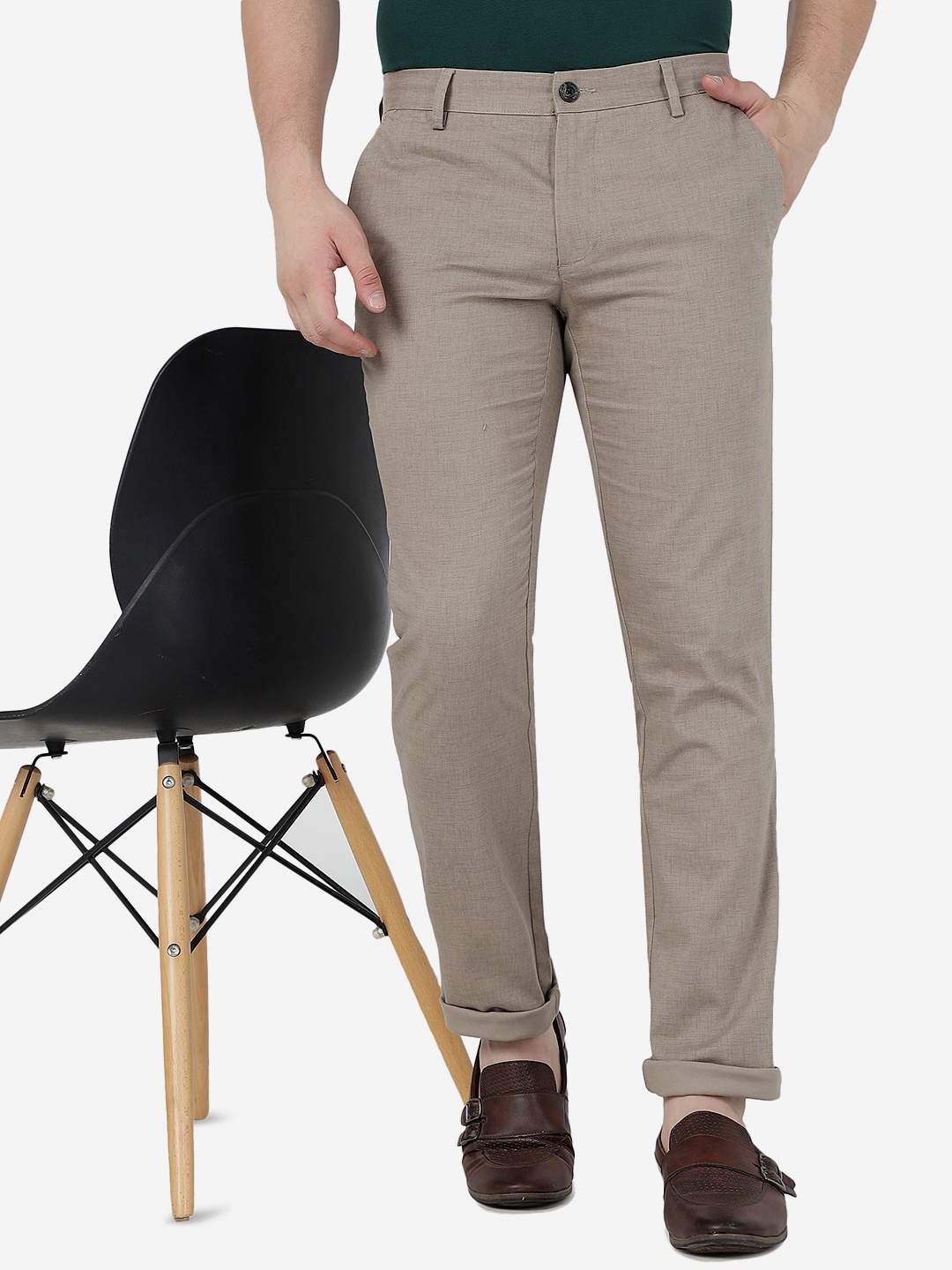 

JADE BLUE Men Mid Rise Slim Fit Pure Cotton Trousers, Khaki