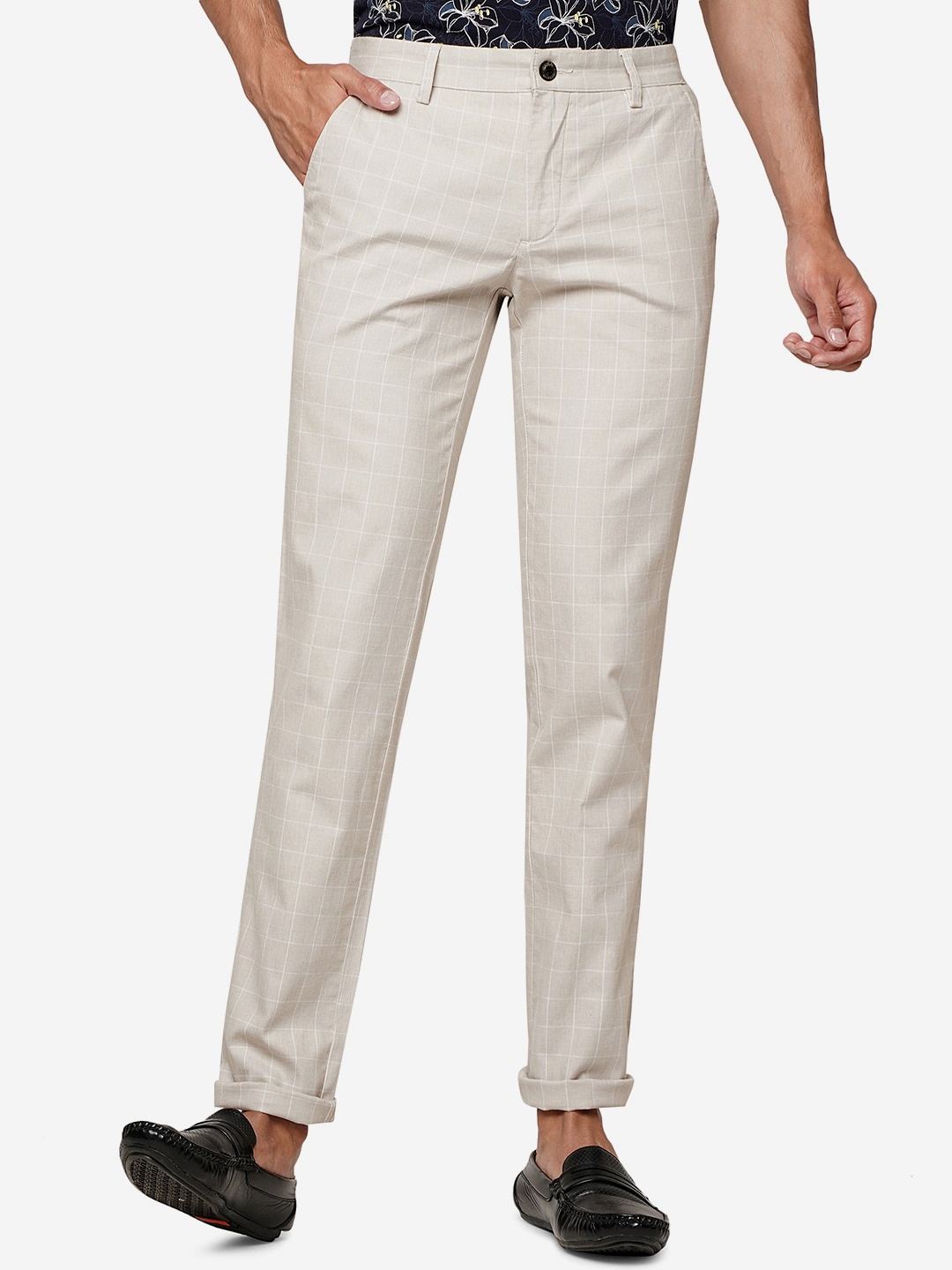 

JADE BLUE Men Slim Fit Mid-Rise Pure Cotton Trousers, Cream