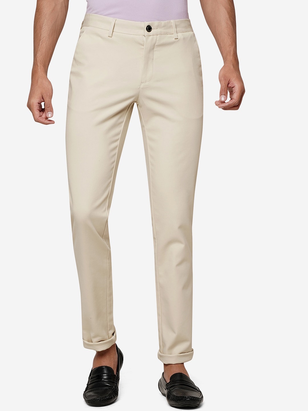 

JADE BLUE Men Slim Fit Mid-Rise Pure Cotton Trousers, Cream