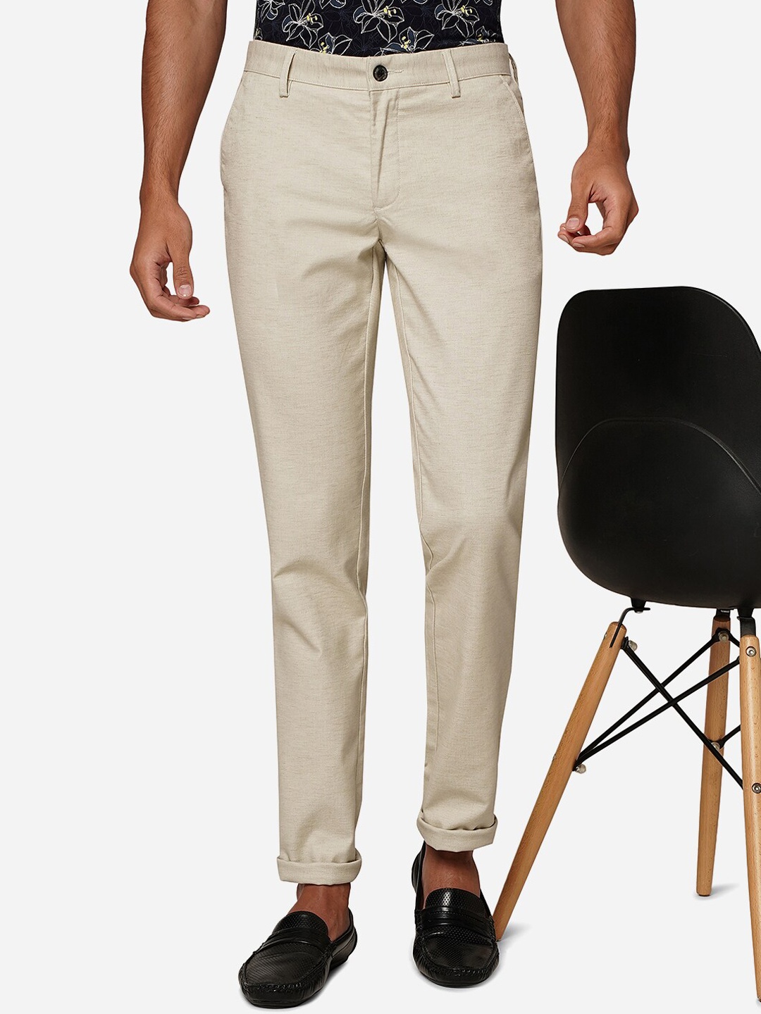 

JADE BLUE Men Slim Fit Mid-Rise Pure Cotton Trousers, Cream