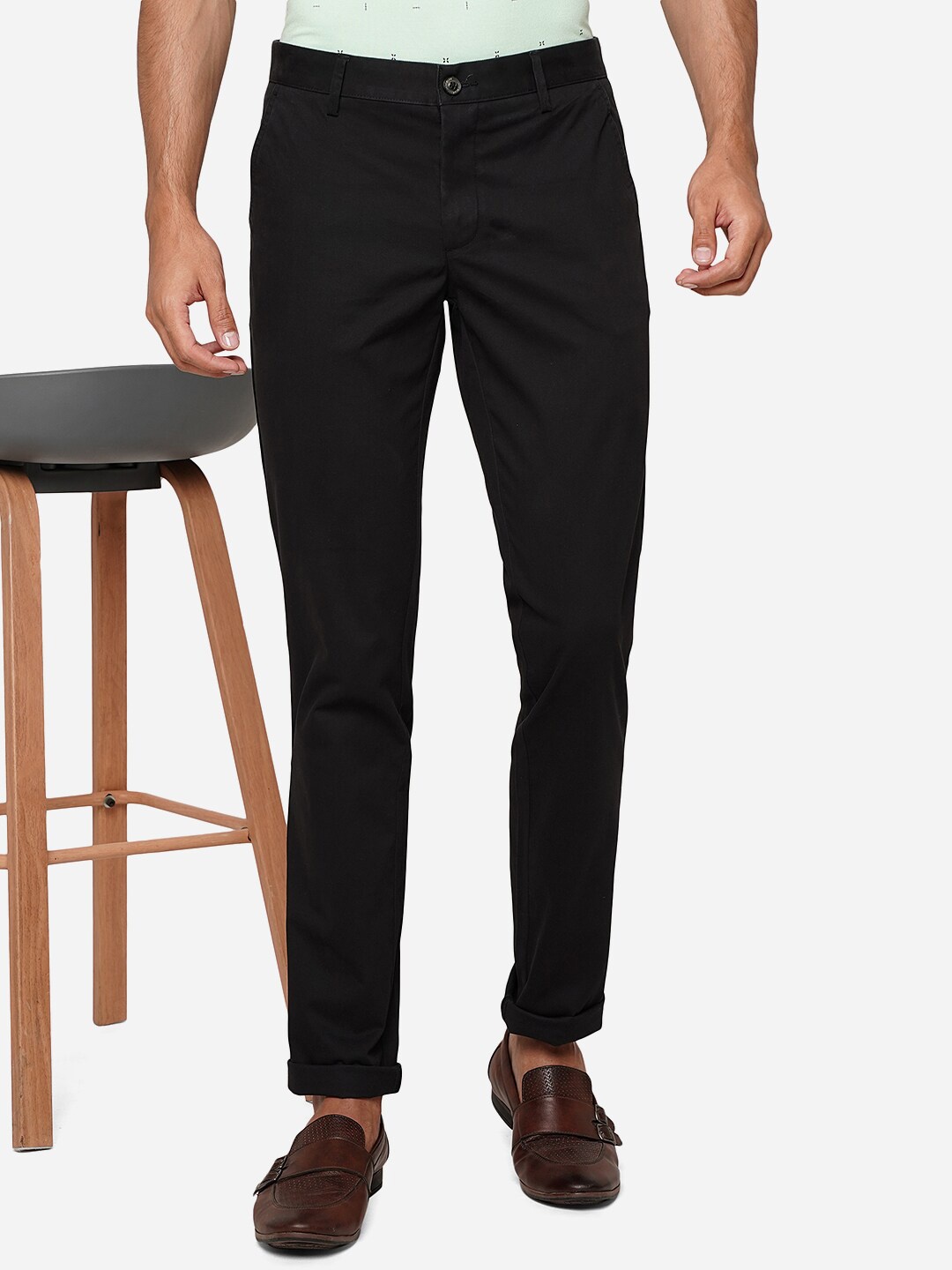 

JADE BLUE Men Mid Rise Slim Fit Pure Cotton Trousers, Black