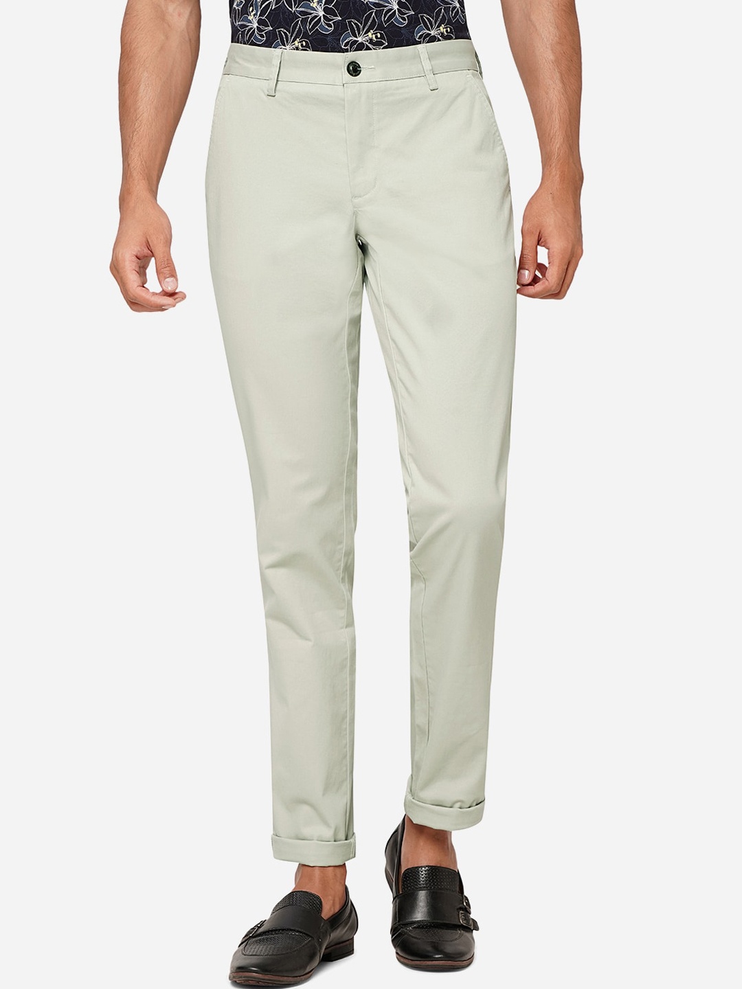

JADE BLUE Men Slim Fit Mid-Rise Pure Cotton Trousers, Green