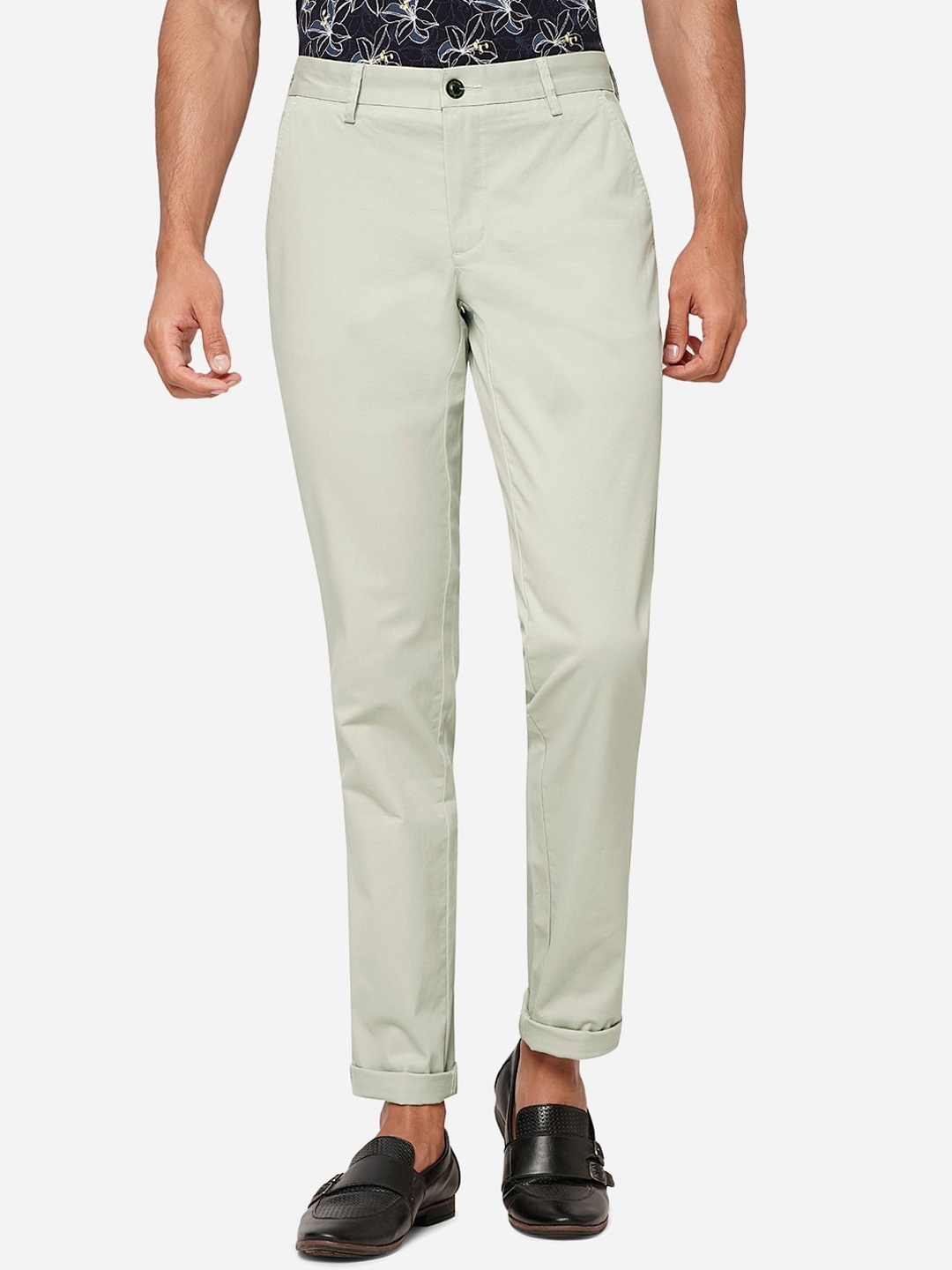 

JADE BLUE Men Slim Fit Mid-Rise Pure Cotton Trousers, Green