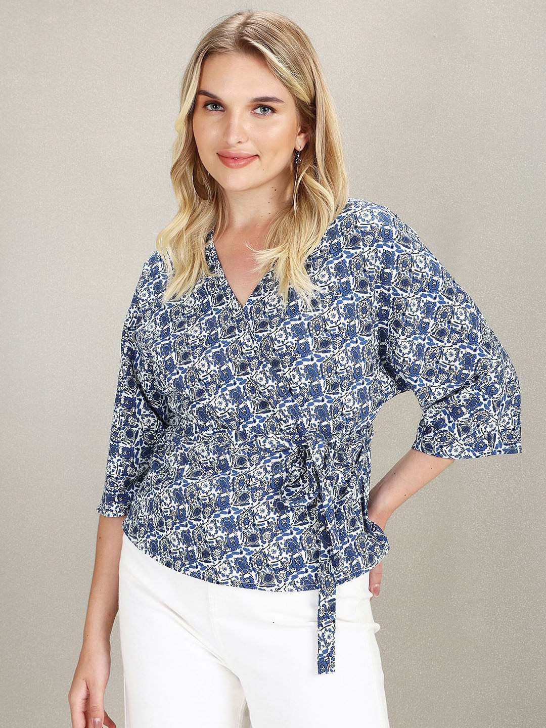 

U.S. Polo Assn. Women V-Neck Floral Printed Wrap Top, White
