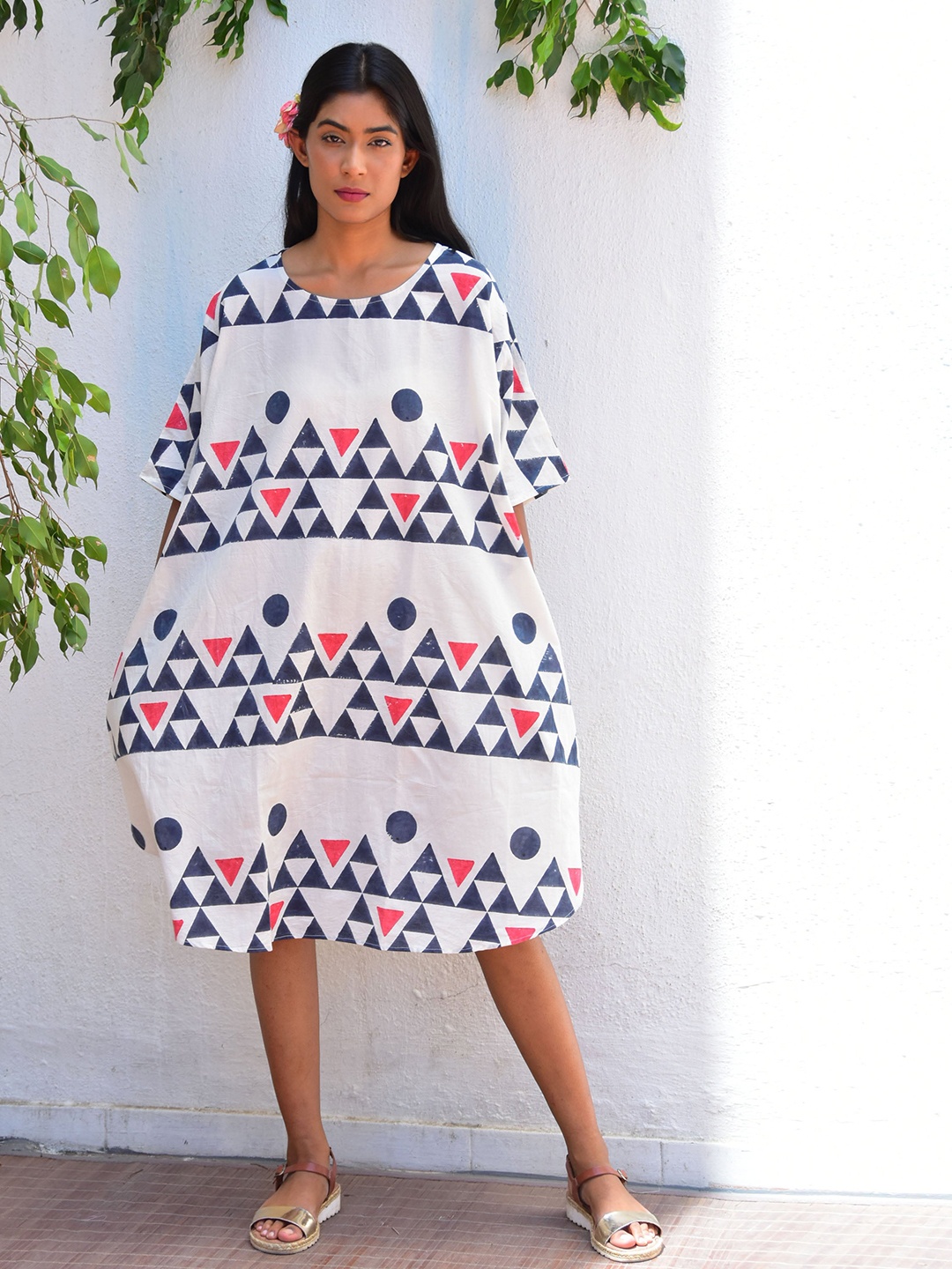 

Chidiyaa Geometric Printed Extended Sleeves Cotton A-Line Dress, White