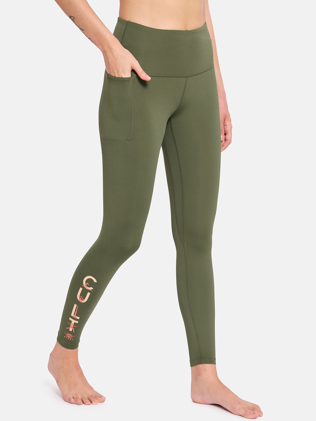 

CULT Women Yoga Tights with Side Pocket, Olive