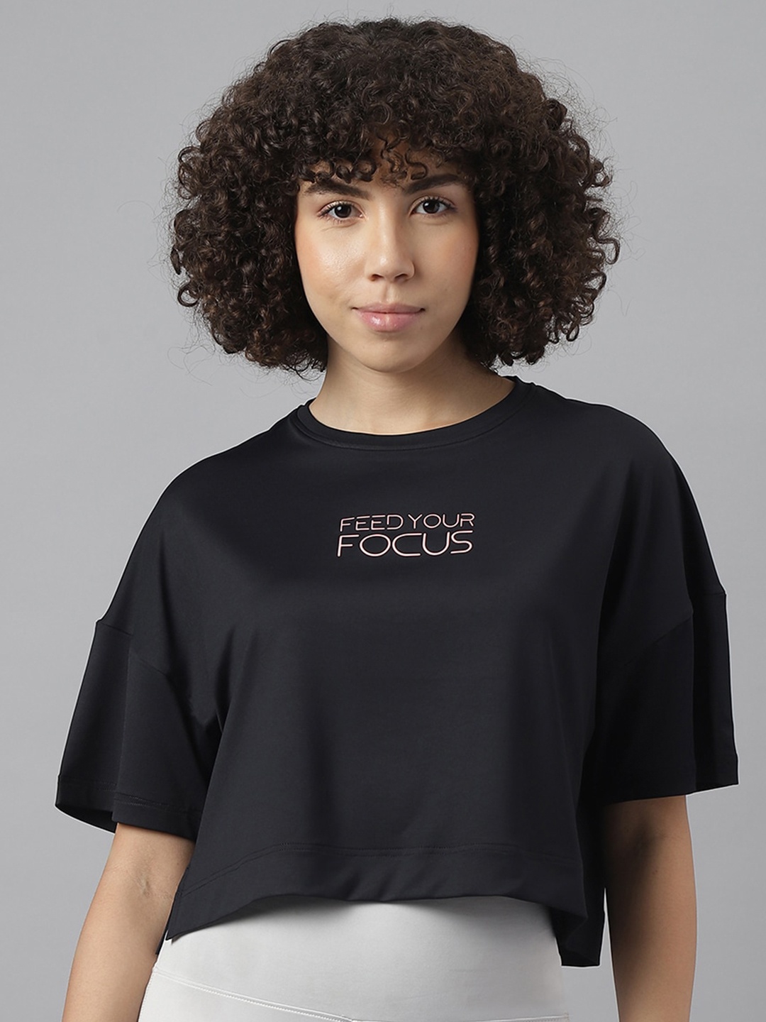 

MKH Typography Printed Dri-FIT Crop Sports T-shirt, Black