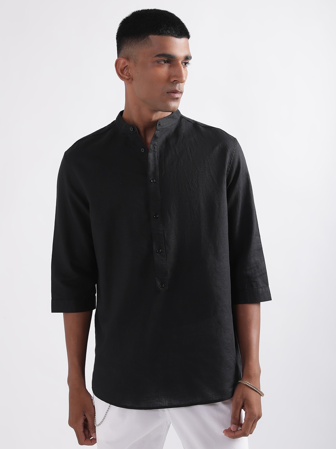 

Antony Morato Band Collar Cotton Linen Casual Shirt, Black