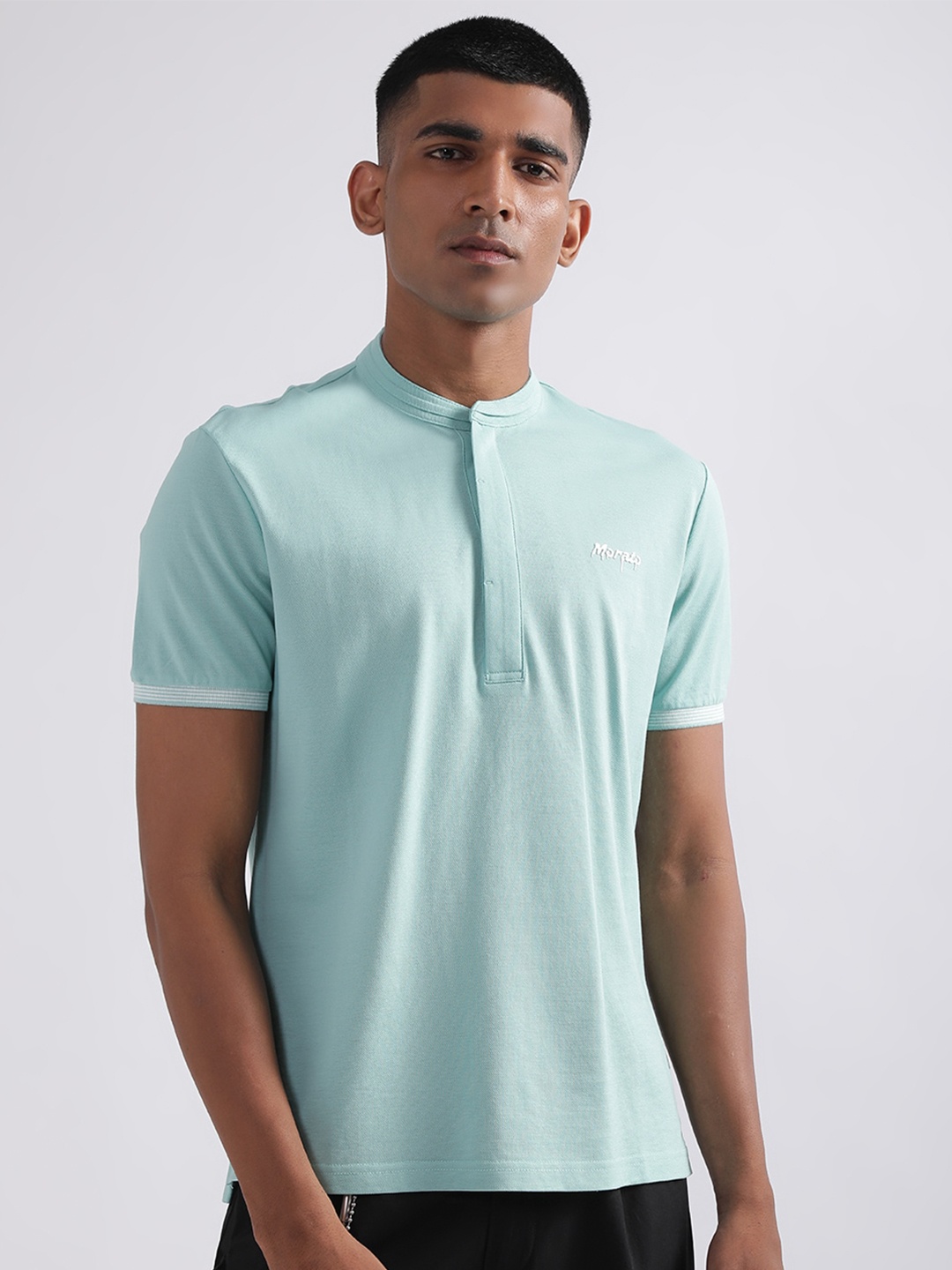 

Antony Morato Men Mandarin Collar Pure Cotton T-shirt, Turquoise blue