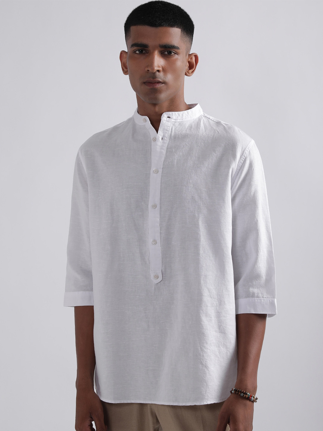 

Antony Morato Band Collar Cotton Linen Casual Shirt, White