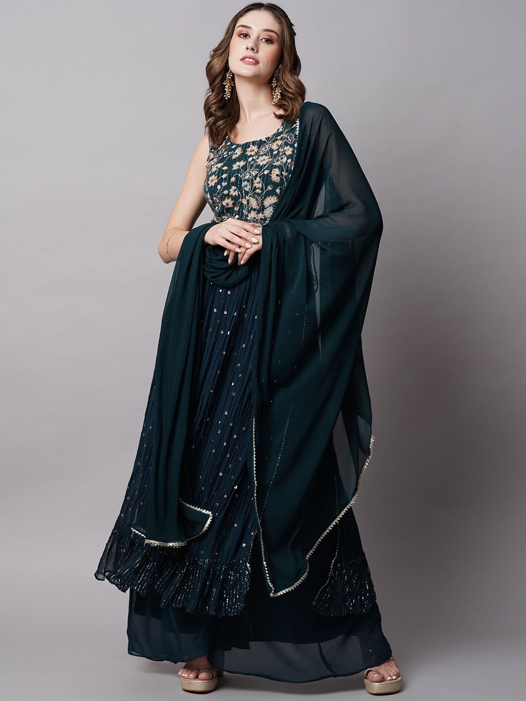 

FASHOR Green Embroidered Kurta with Palazzos & With Dupatta
