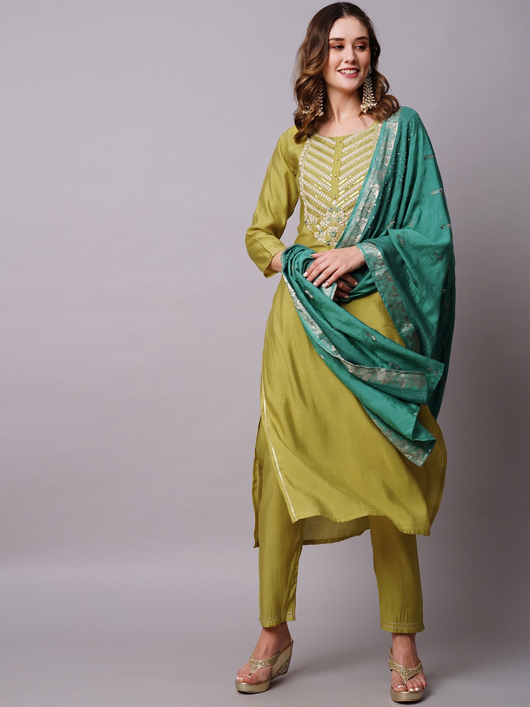 

FASHOR Lime Green Embroidered Straight Kurta With Trouser & Dupatta