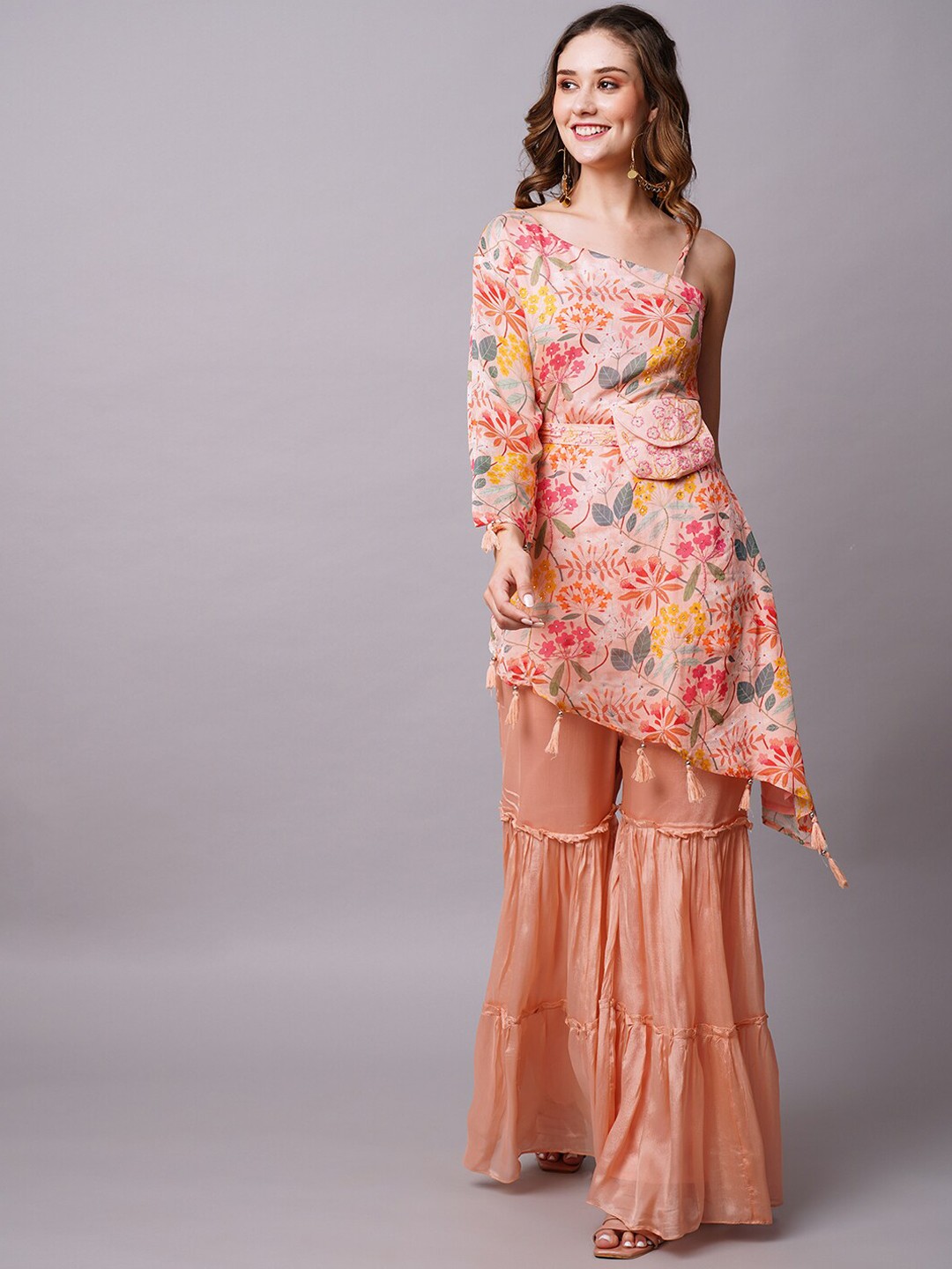 

FASHOR Floral Printe Silk Crepe Kurta with Sharara & Dupatta, Peach