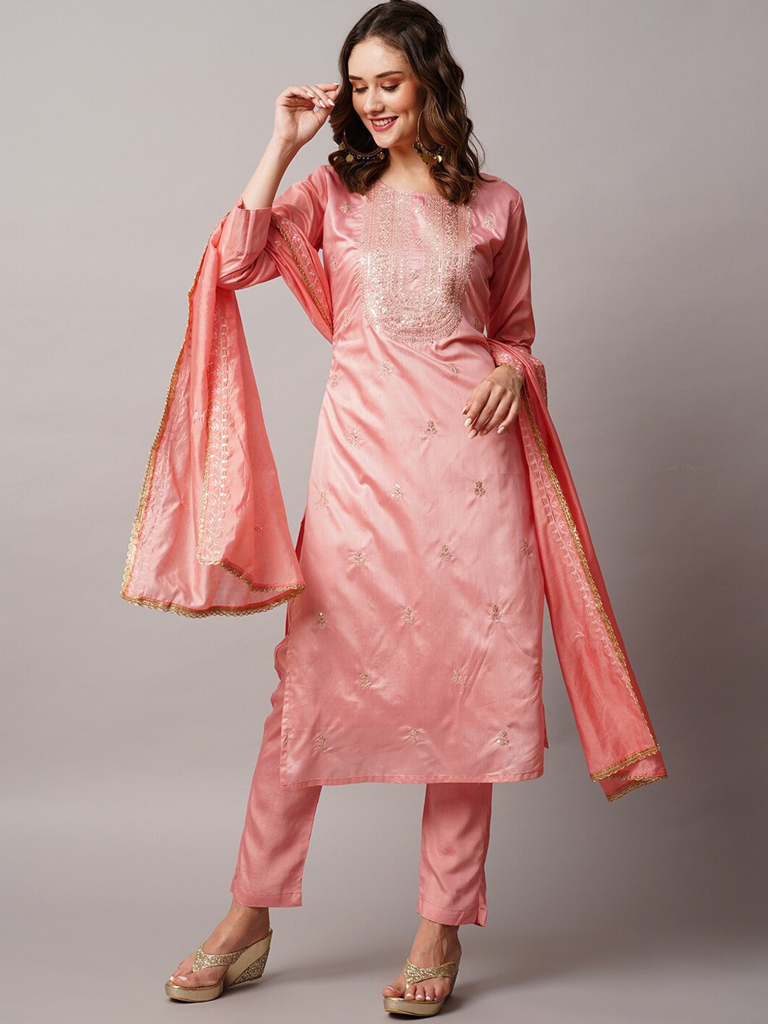 

FASHOR Floral Embroidered Regular Sequinned Kurta with Trousers & Dupatta, Pink