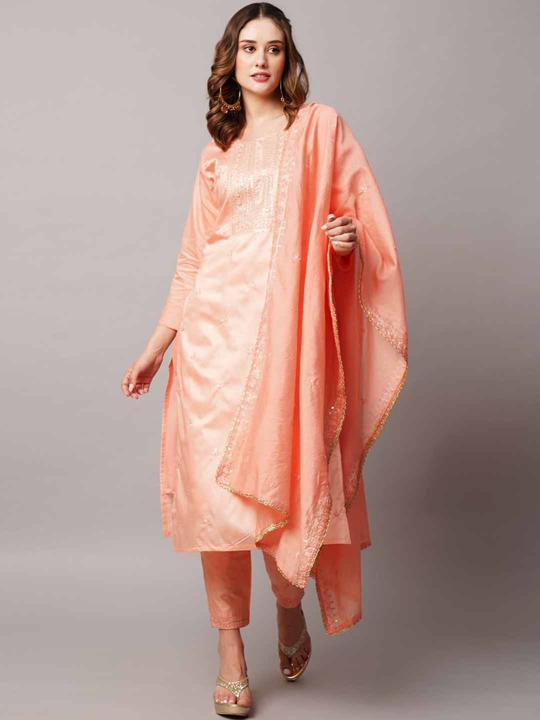 

FASHOR Floral Embroidered Regular Sequinned Kurta with Trousers & Dupatta, Peach