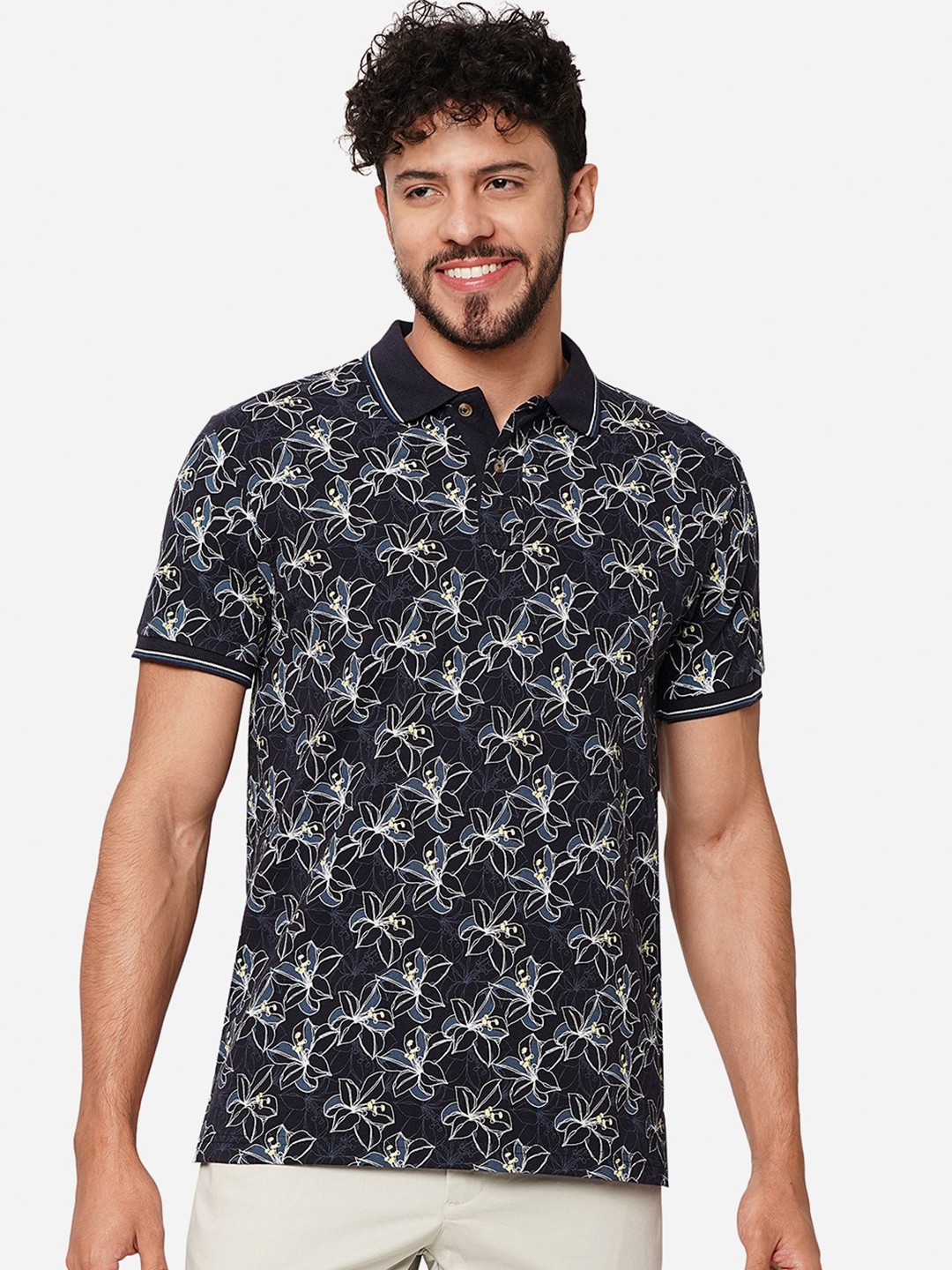 

Greenfibre Floral Printed Polo Collar Cotton Slim Fit T-shirt, Navy blue