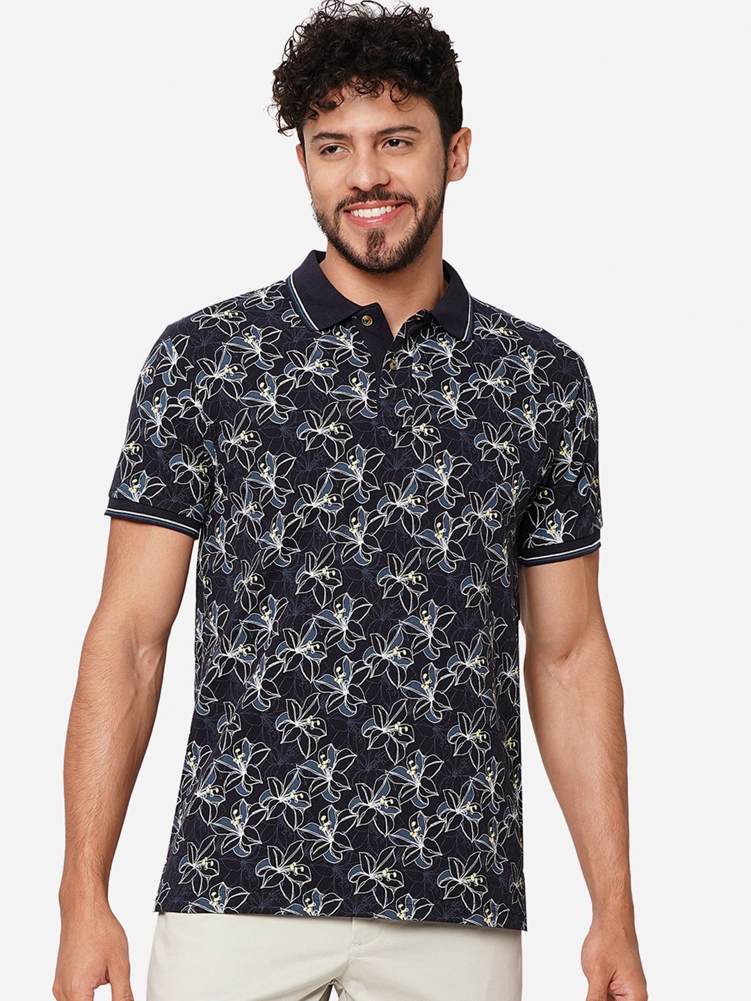 

Greenfibre Floral Printed Polo Collar Slim Fit T-shirt, Navy blue