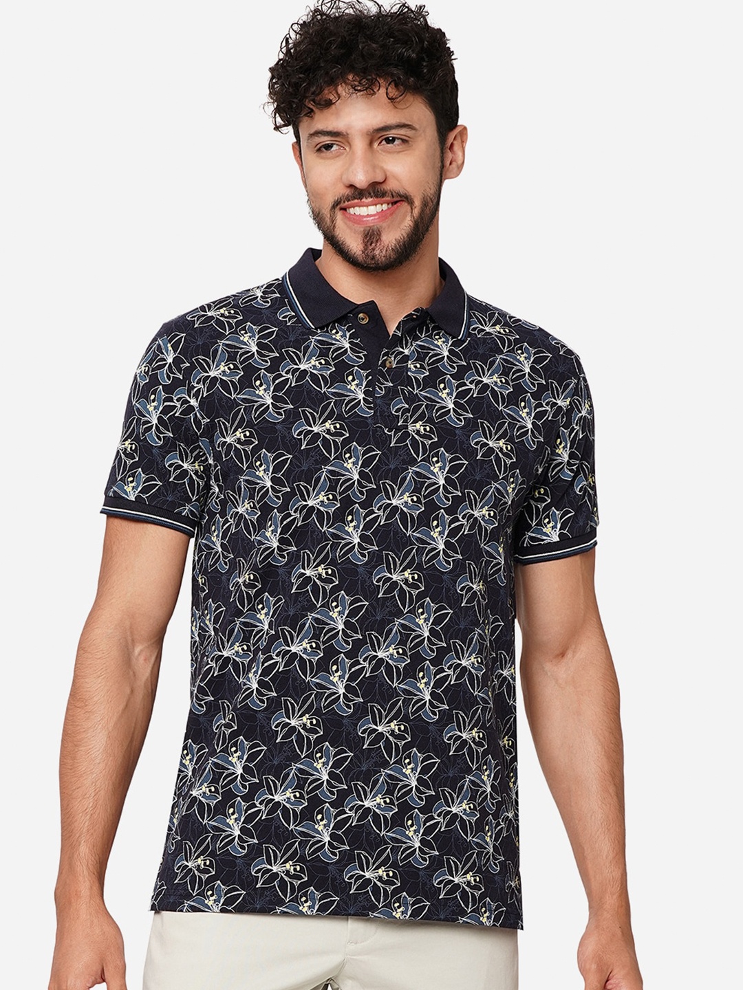 

Greenfibre Floral Printed Polo Collar Slim Fit T-shirt, Navy blue
