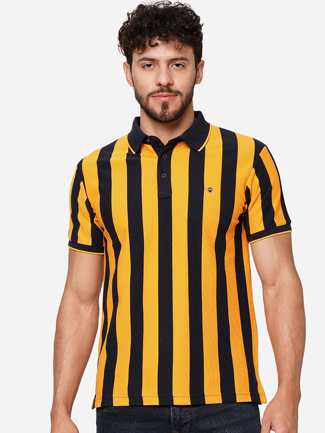 

JADE BLUE Vertical Striped Polo Collar Cotton T-Shirt, Black