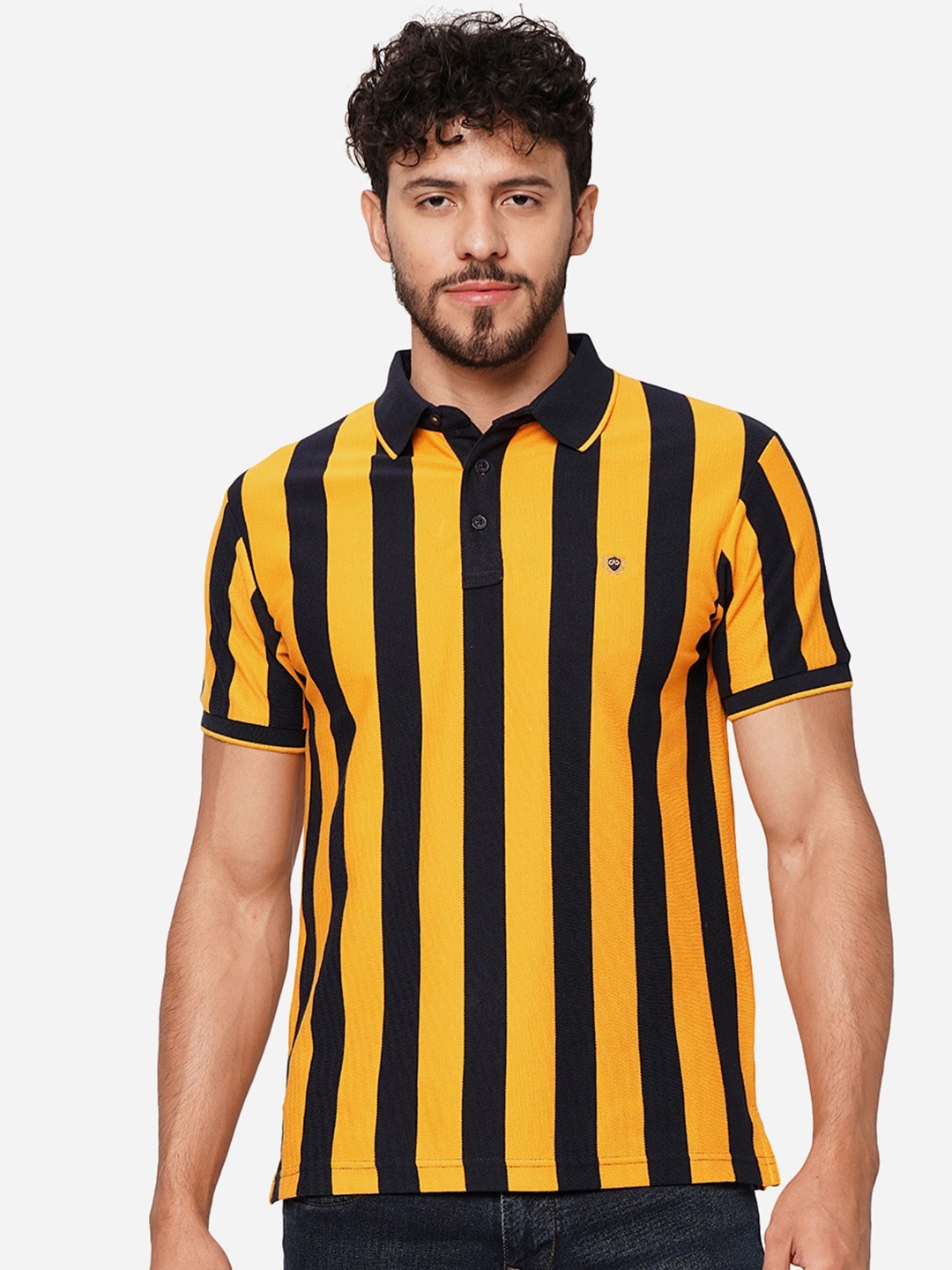 

JADE BLUE Variegated Striped Polo Collar Slim Fit T Shirt, Black