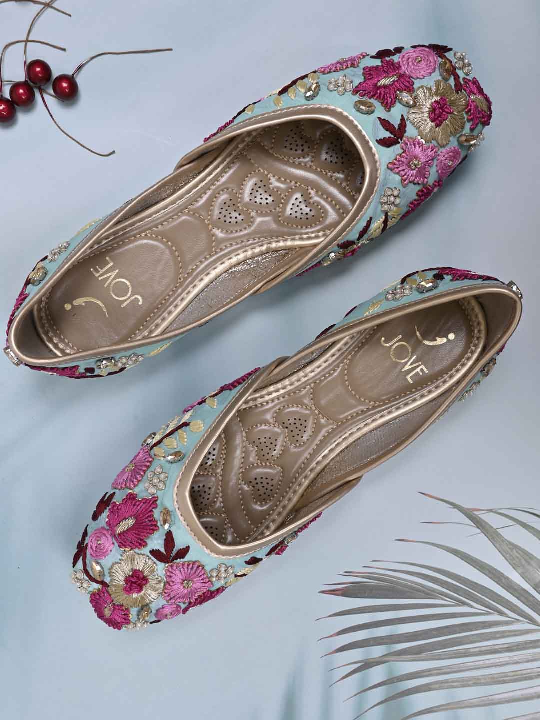 

Jove Women Ethnic Embellished Fabric Mojaris, Sea green