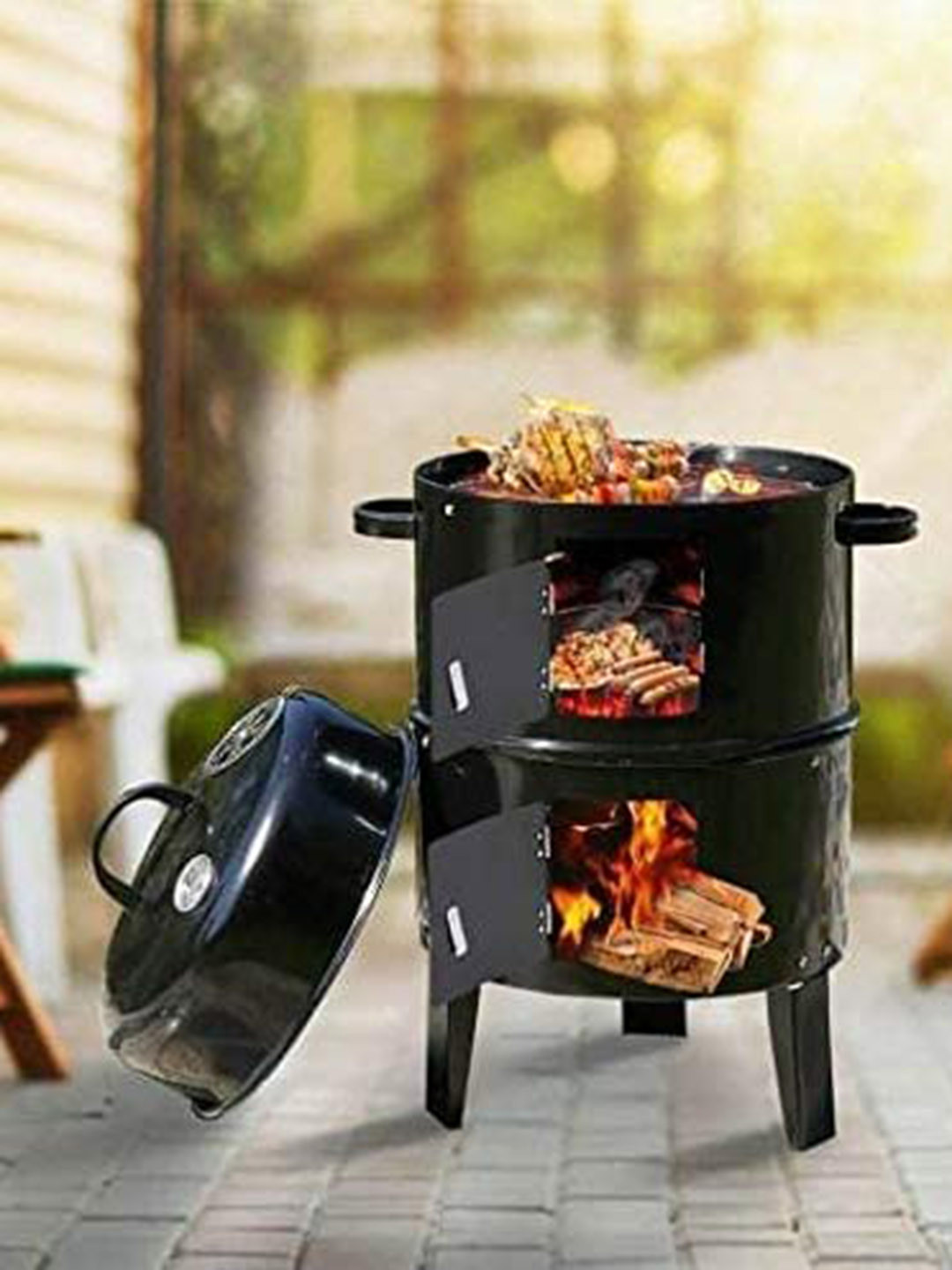 

Peng Essentials 3 In 1 Black Triple Layered Barrel Charcoal Barbeque Grill Smoker & Pit