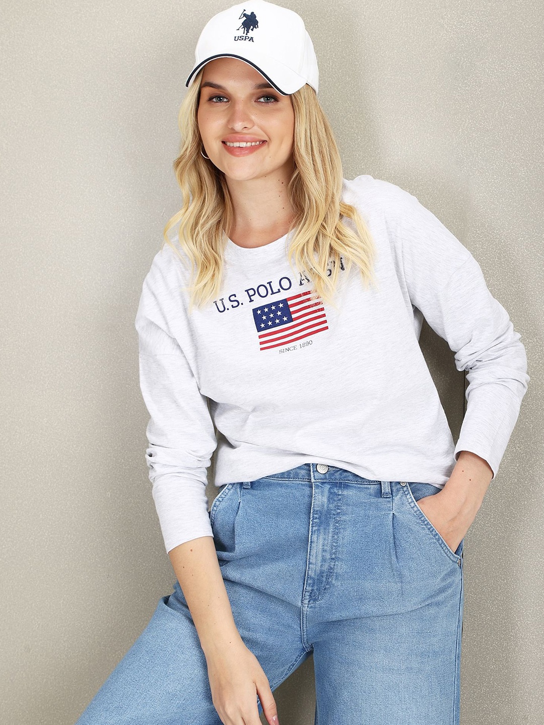 

U.S. Polo Assn. Women Typography Printed Drop Shoulder Sleeves Cotton T-shirt, Grey