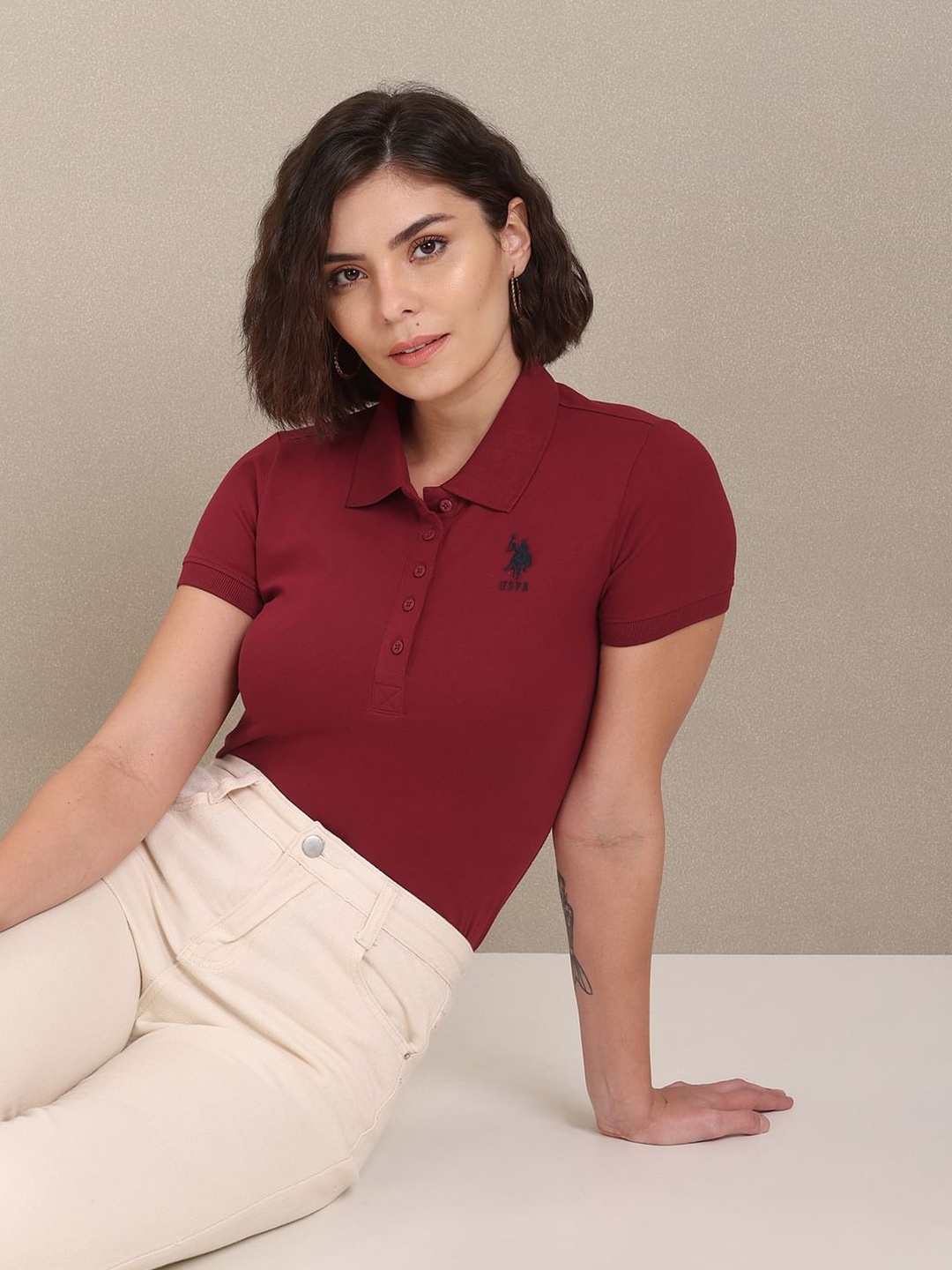 

U.S. Polo Assn. Women Polo Collar Regular Fit Cotton T-Shirt, Maroon