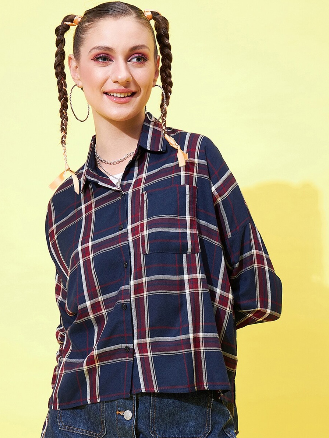 

CHIMPAAANZEE Oversized Tartan Checked Cotton Casual Shirt, Navy blue