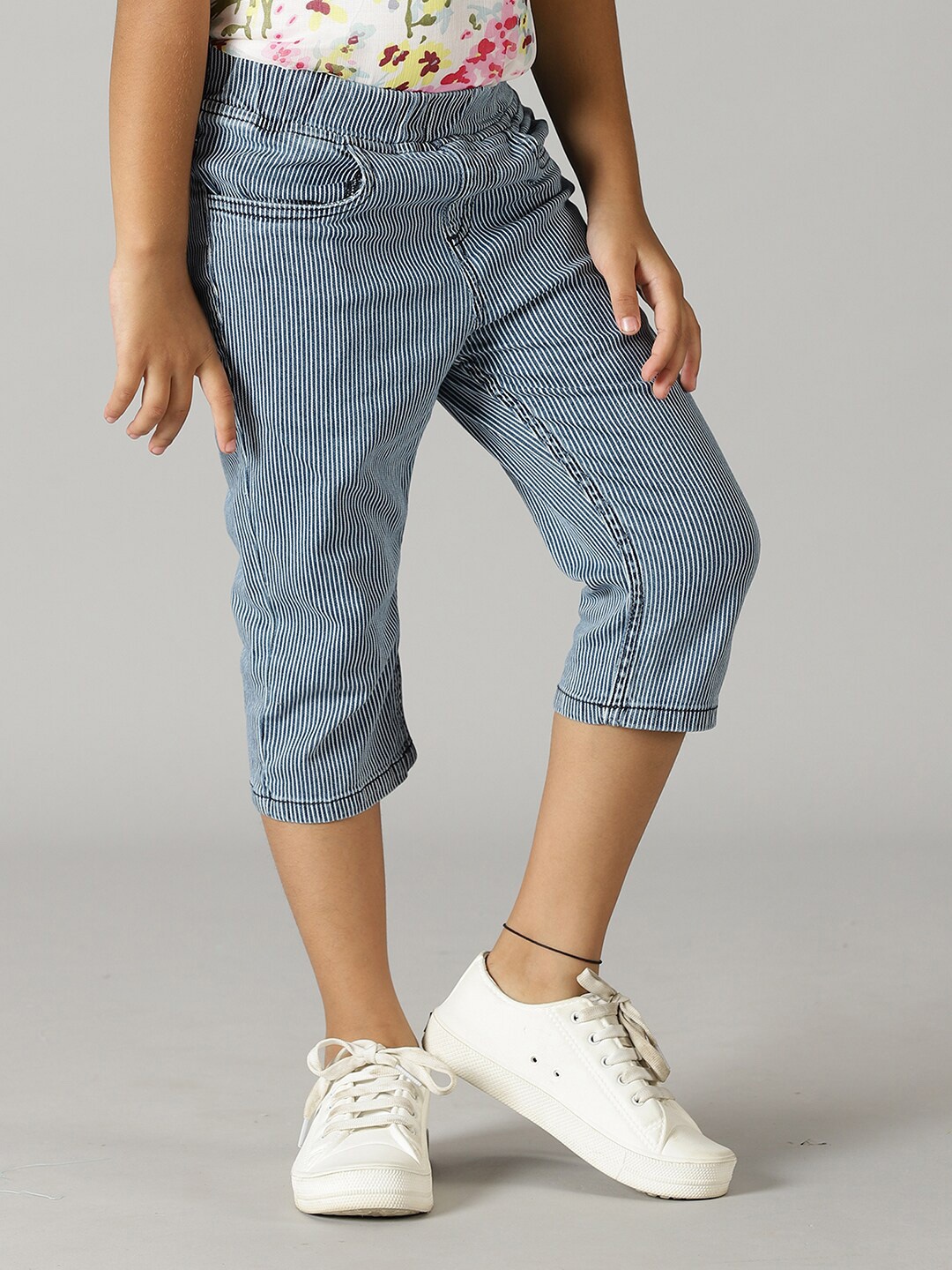 

KiddoPanti Girls Striped Cotton Denim Capris, Blue