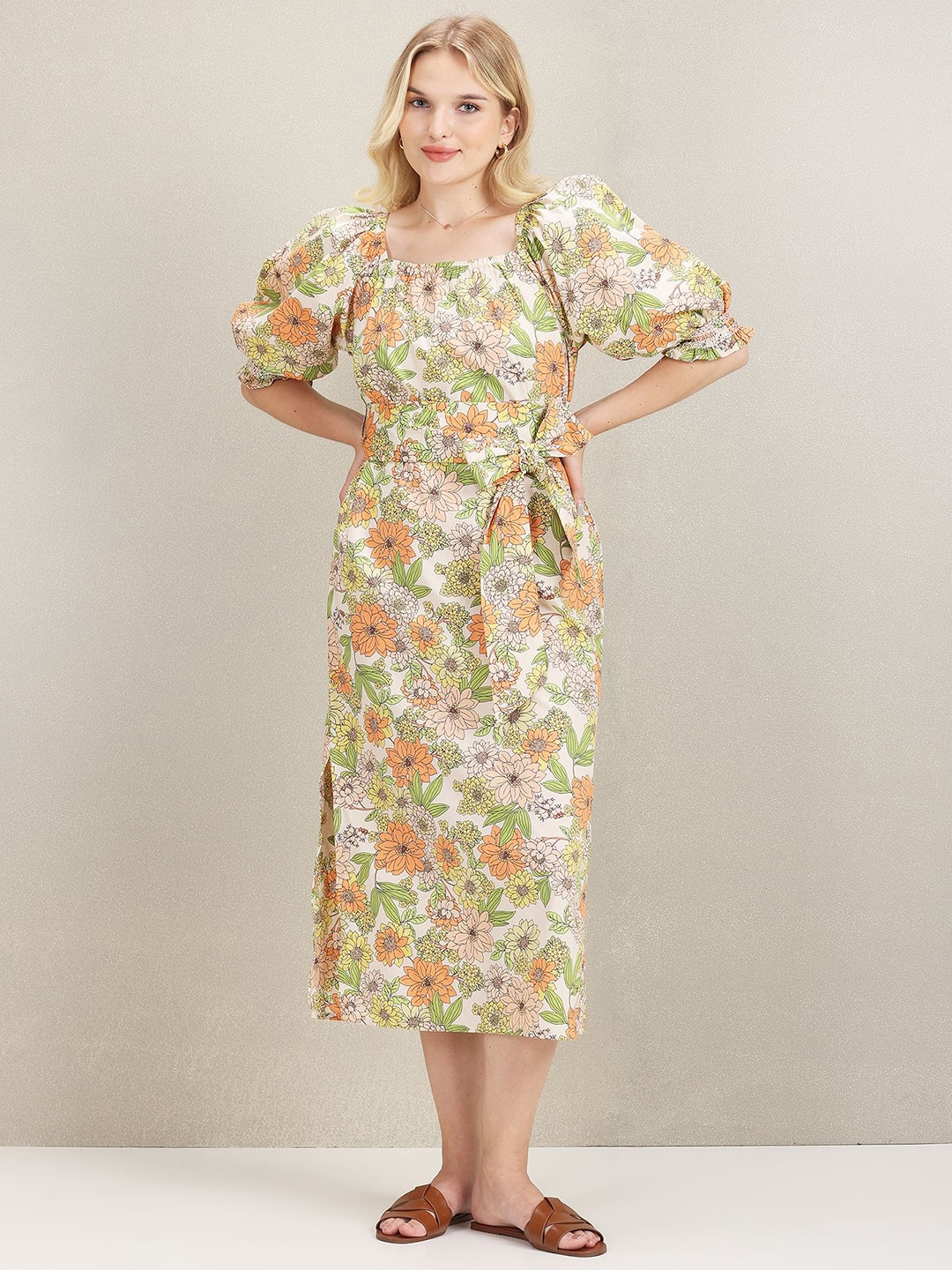 

U.S. Polo Assn. Women Floral Printed Puff Sleeves Cotton Midi Dress, White