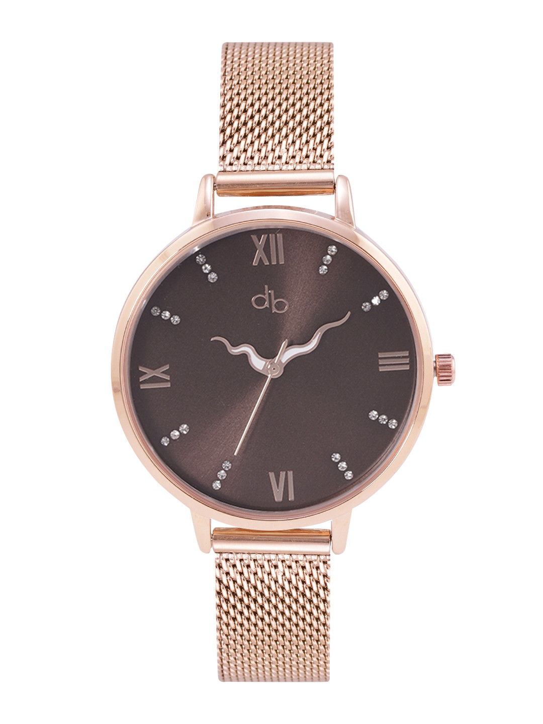 

DressBerry Women Brown Brass Embellished Dial & Rose Gold Toned Stainless Steel Bracelet Style Straps Watch