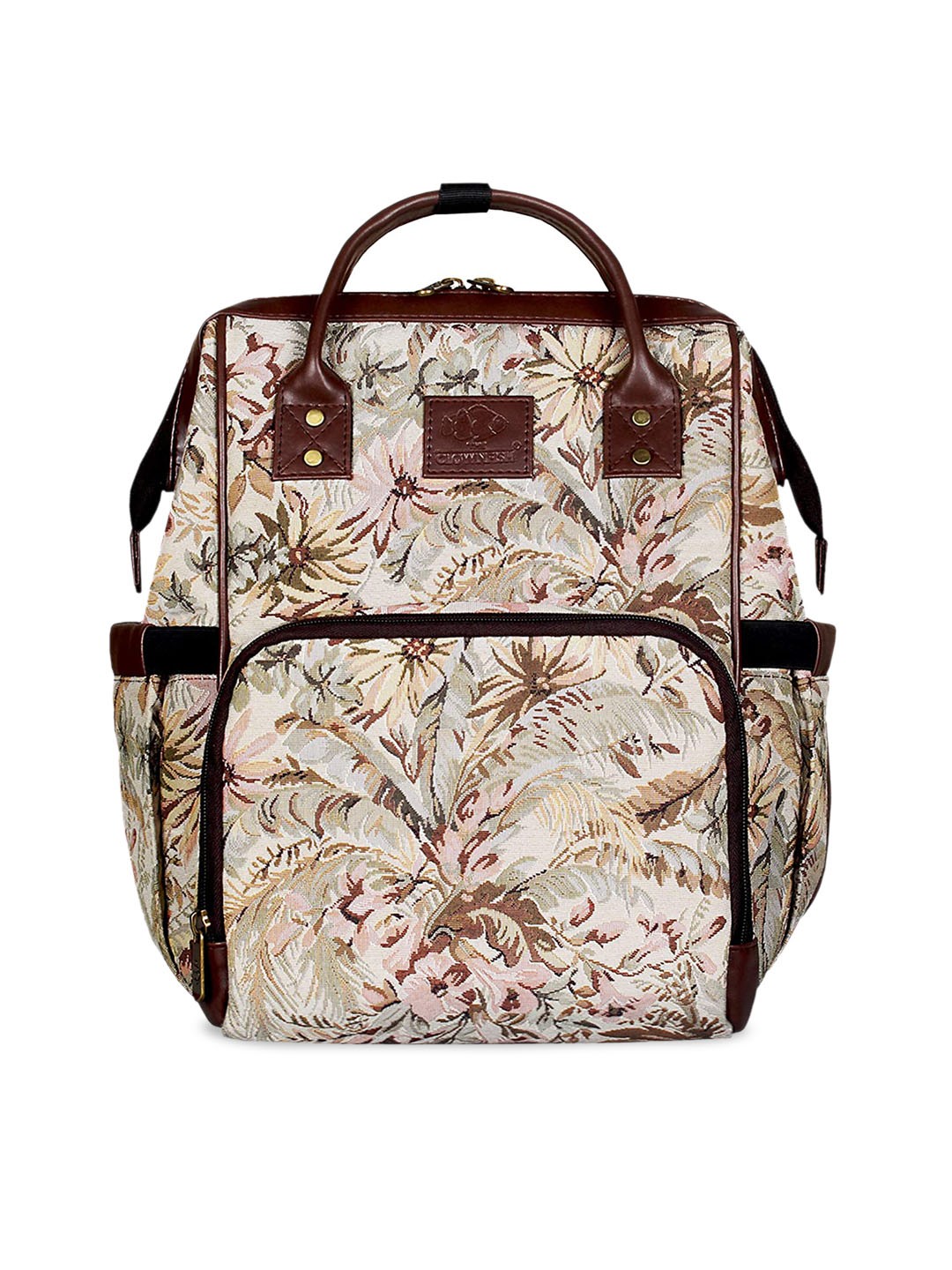 

THE CLOWNFISH Floral Self-Design Multipurpose Diaper Backpack, Beige