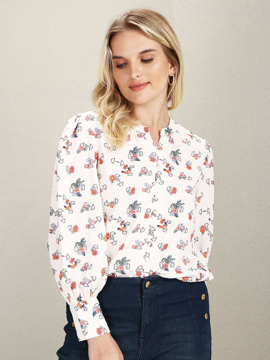 U.S. Polo Assn. Women Comfort Floral Printed Casual Shirt, White