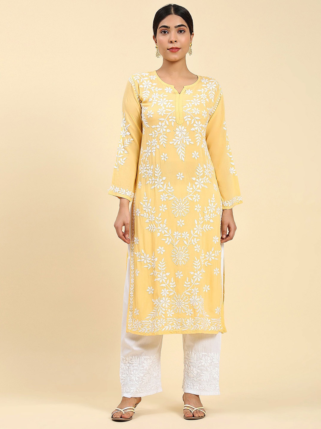 

HOUSE OF KARI Ethnic Motifs Embroidered Chikankari Straight Kurta, Yellow
