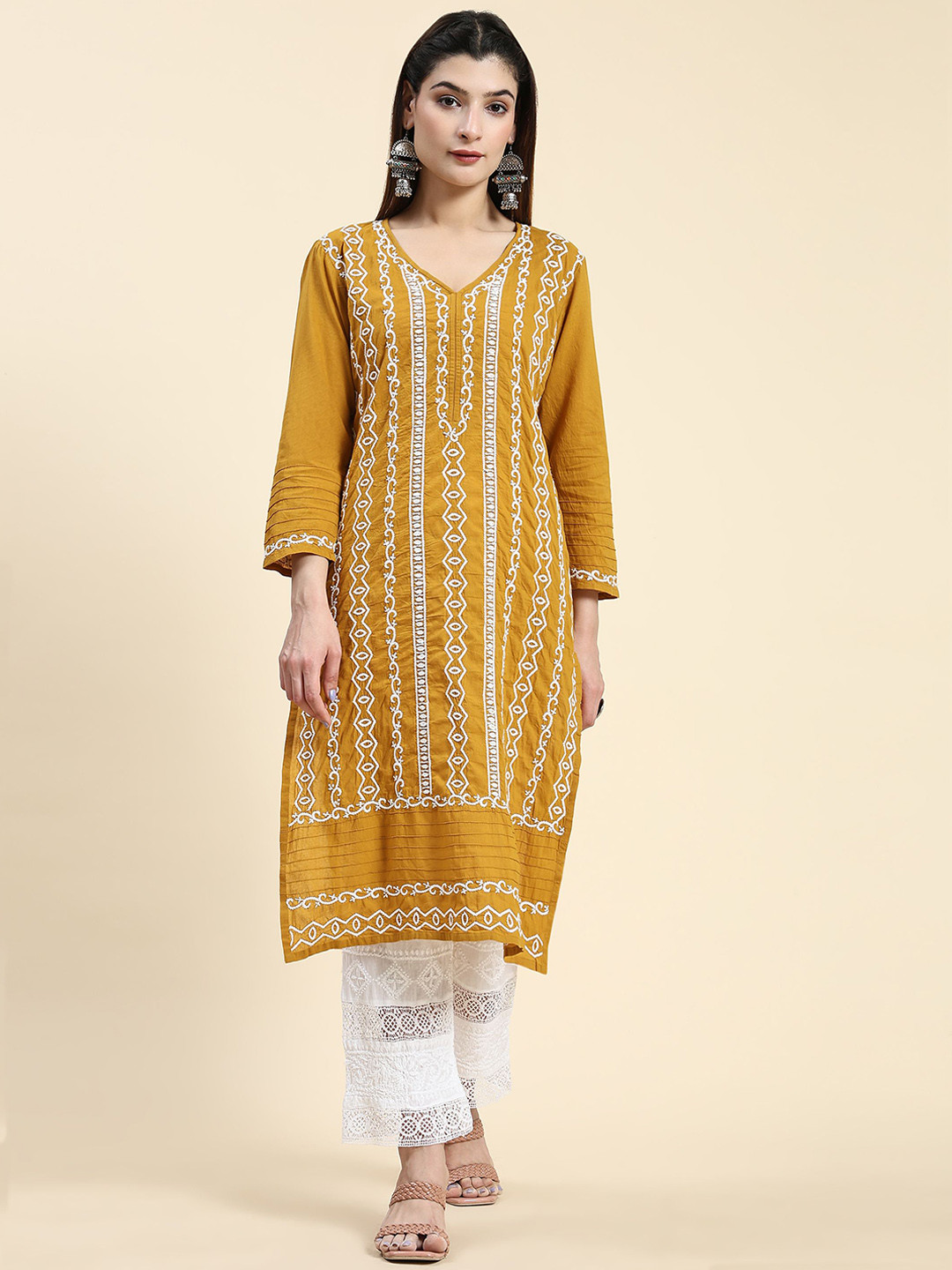 

HOUSE OF KARI Ethnic Motifs Embroidered Chikankari Cotton Kurta, Mustard