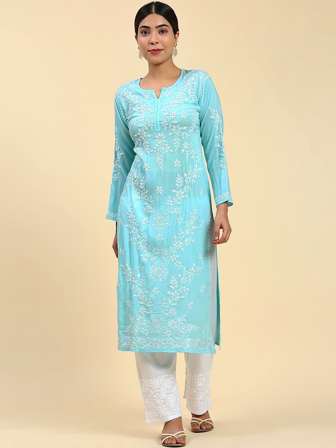 

HOUSE OF KARI Notched Neck Floral Embroidered Chikankari Cotton Kurta, Blue