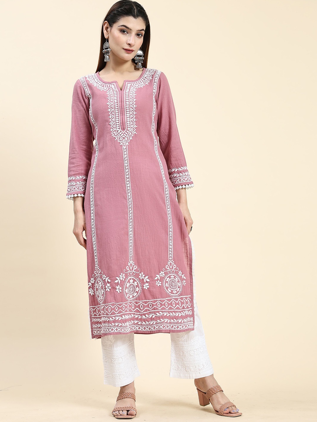 

HOUSE OF KARI Notched Neck Ethnic Motifs Embroidered Chikankari Cotton Kurta, Mauve