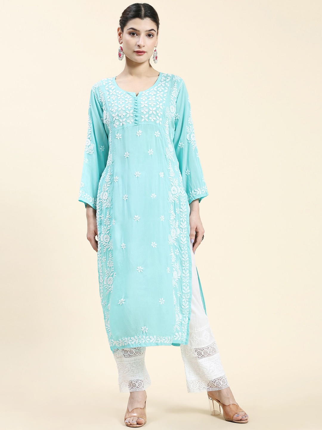 

HOUSE OF KARI Floral Embroidered Cotton A-Line Kurta, Sea green