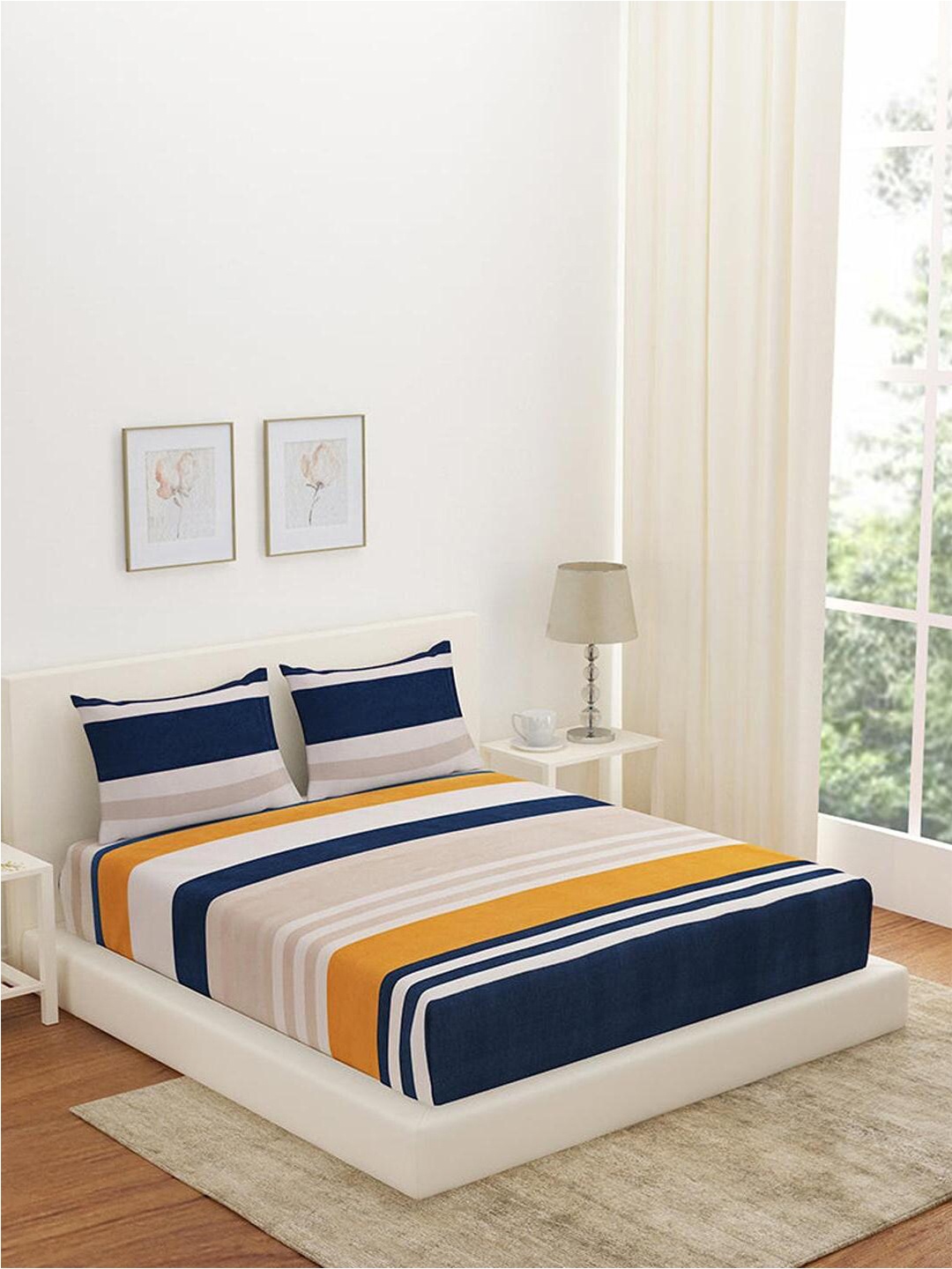 

Athome by Nilkamal Aurora Stripes Navy Blue Striped 180 TC Fitted Queen Bedsheet