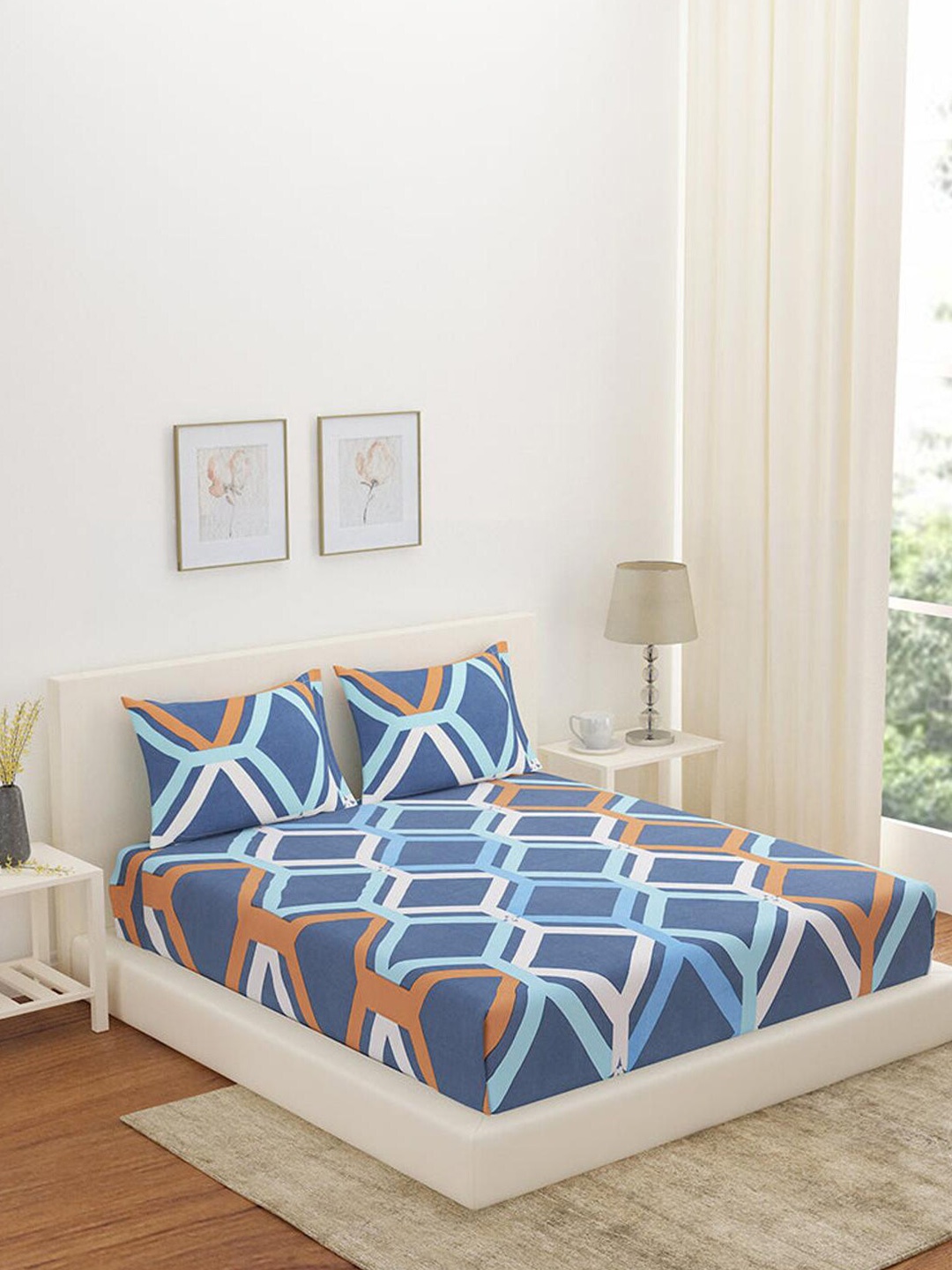 

Athome by Nilkamal Aurora Cadence Blue Print Fitted 180TC Queen Bedsheet & 2 Pillow Covers