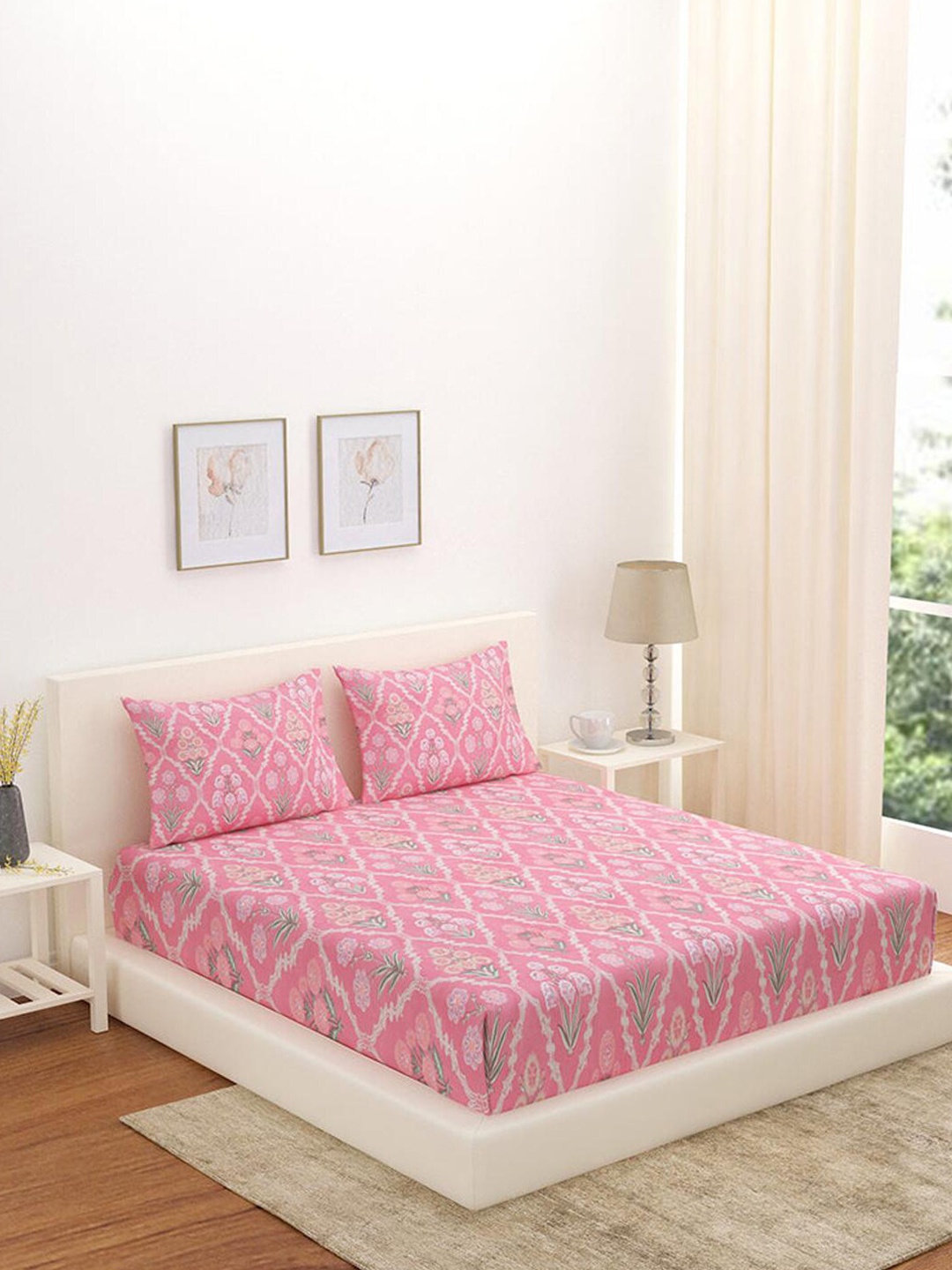 

Athome by Nilkamal Aurora Milange Pink & White Floral 180 TC Fitted Queen Bedsheet