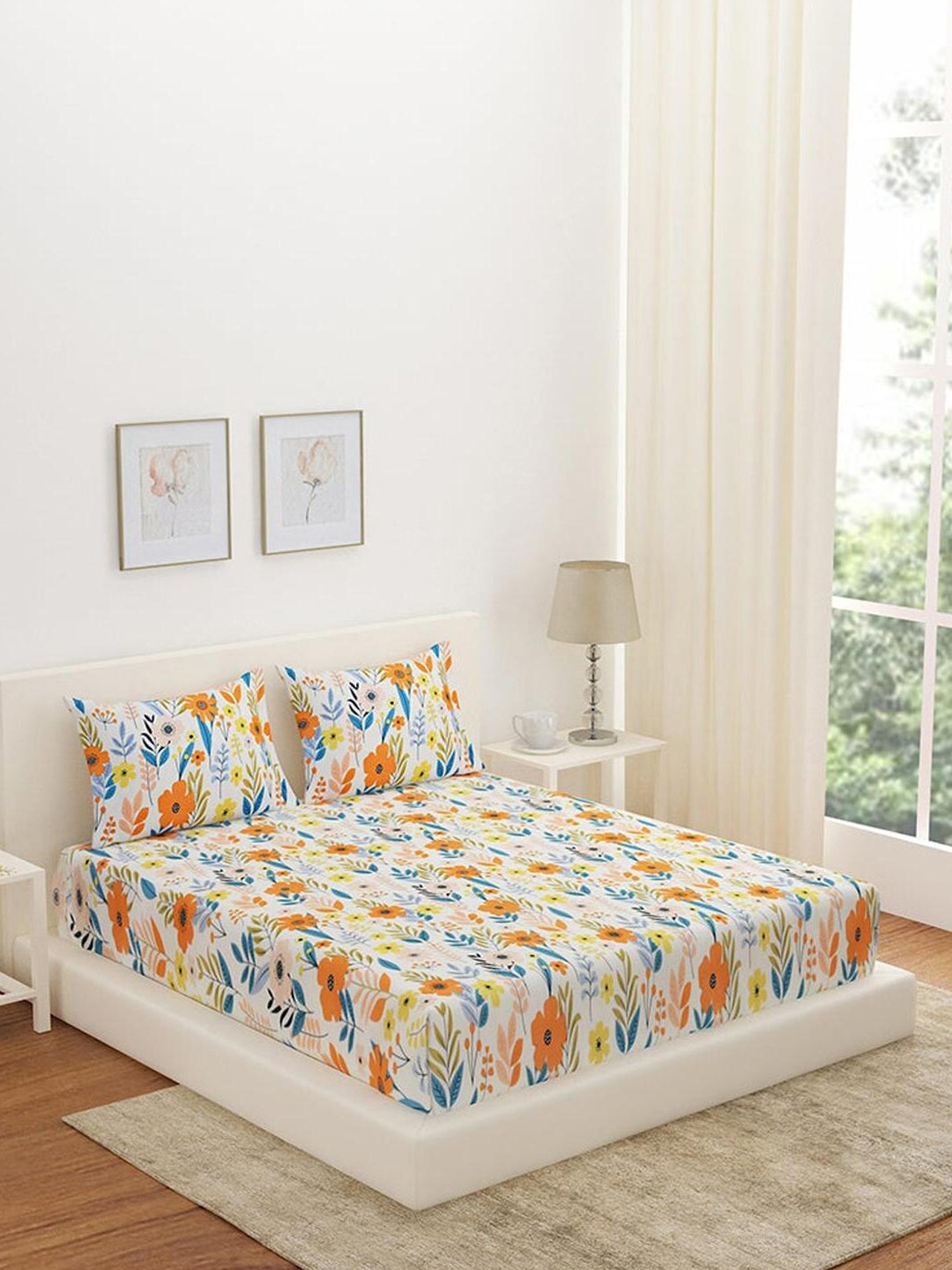 

Athome by Nilkamal Aurora Botanic Beige & Orange Floral 180 TC Fitted Queen Bedsheet