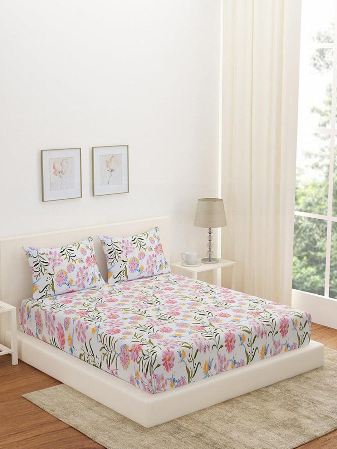

Athome by Nilkamal Aurora Vienna Cream-Coloured Floral 180 TC Fitted Queen Bedsheet Set
