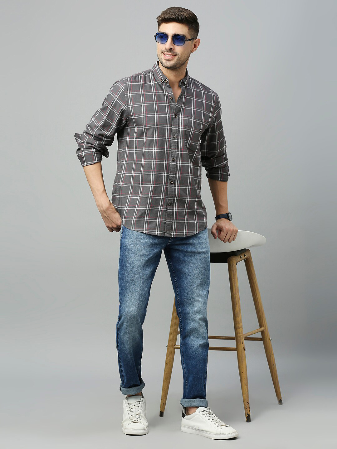 

Mast & Harbour Classic Slim Fit Windowpane Checked Pure Cotton Casual Shirt, Grey