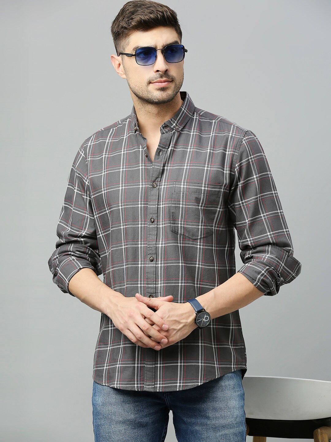 Mast & Harbour Classic Slim Fit Windowpane Checked Cotton Casual Shirt